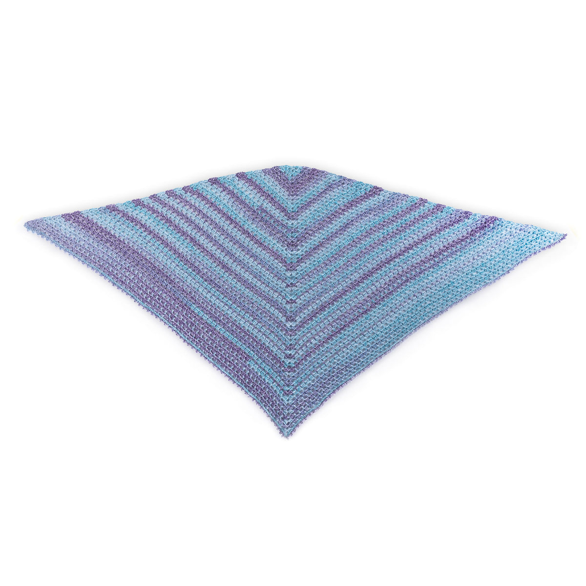A crocheted shawl with a gradient of blue to purple colors, featuring a picot edging,Amethyst