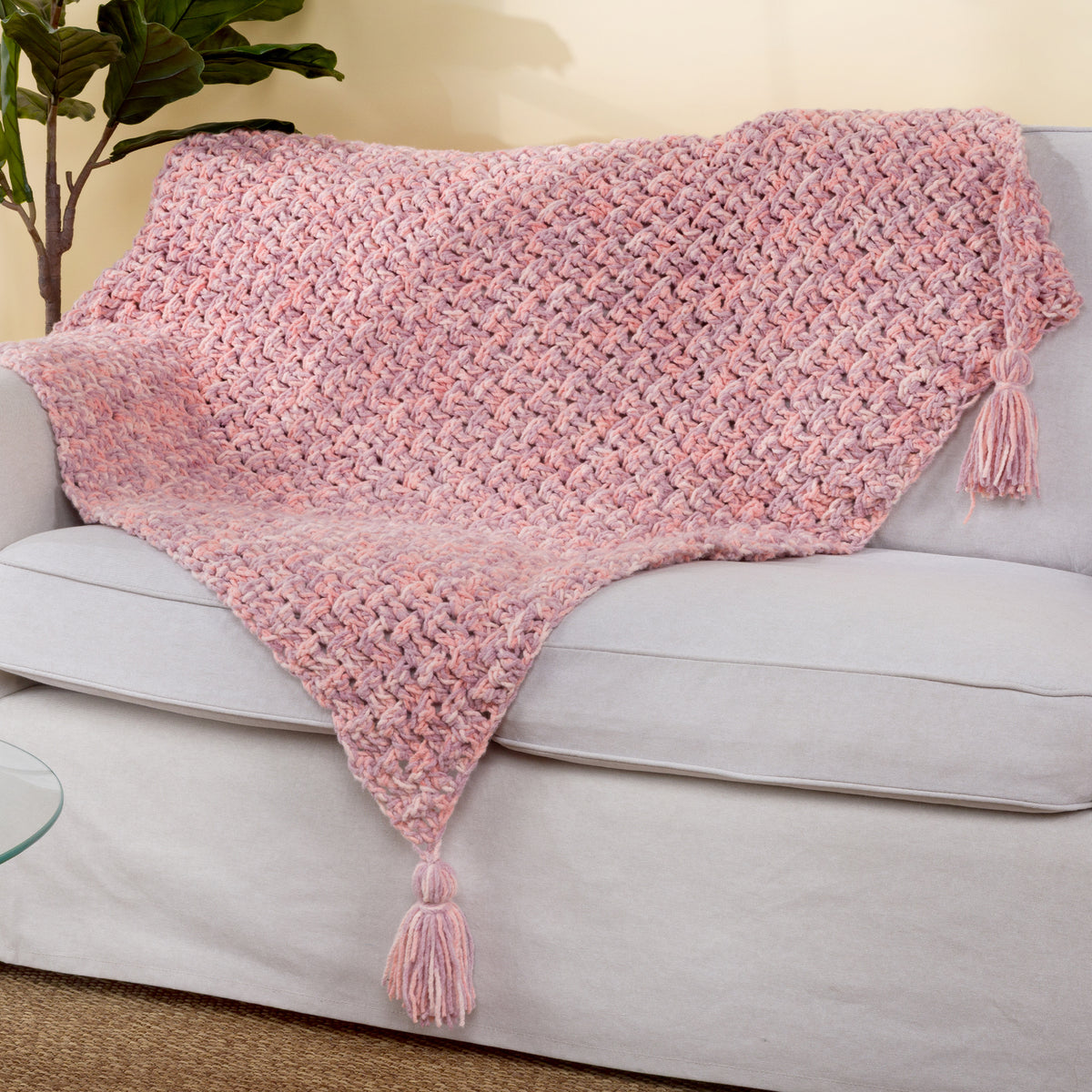 Fleece Of The Fae Crochet Basketweave Blanket made using Bernat yarn
