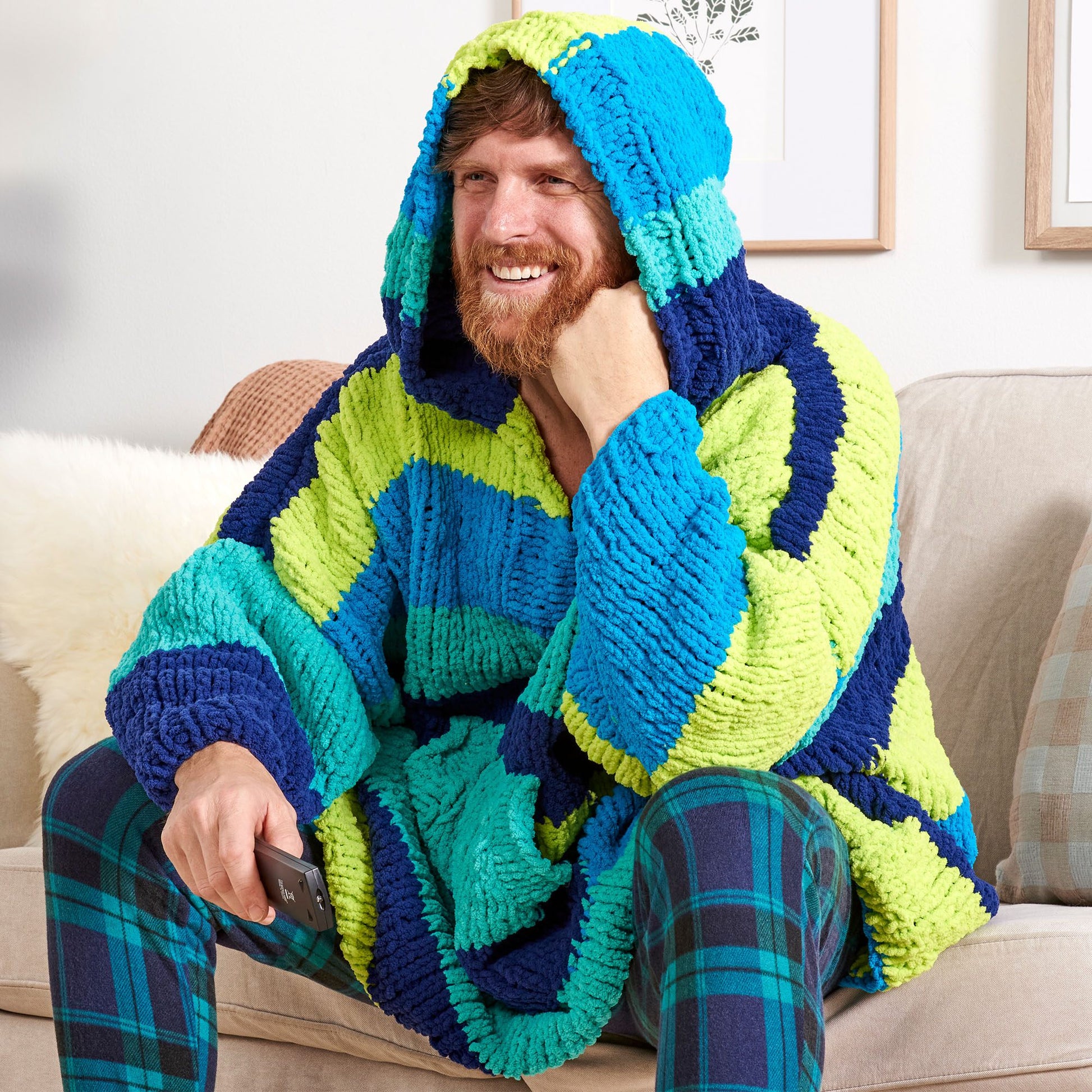 Free Bernat Stripy Snuggler Knit Blanket Hoodie Pattern
