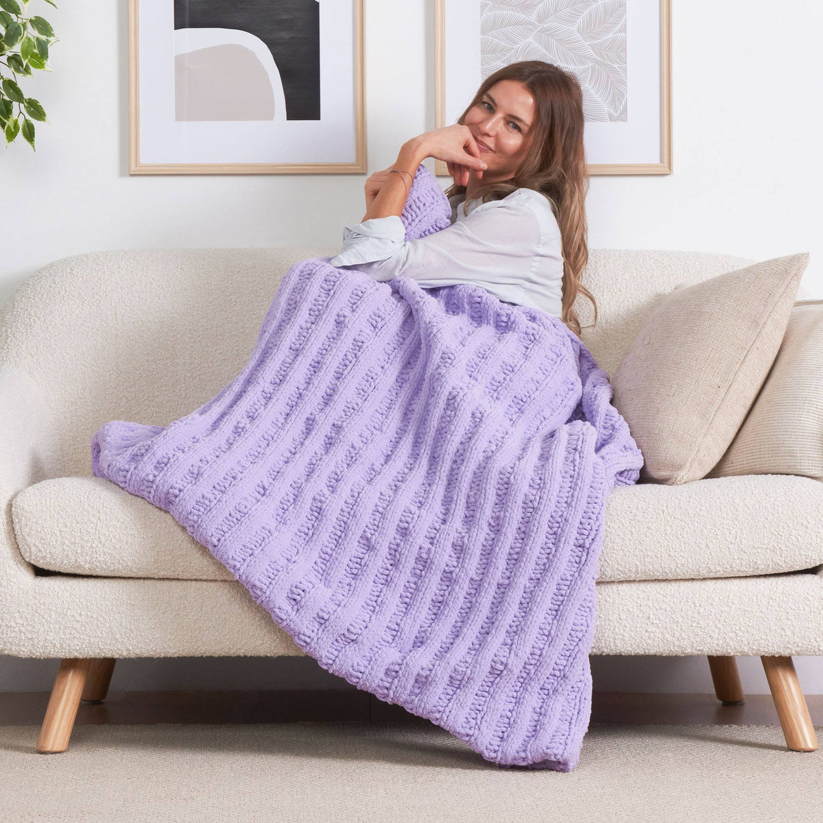 Triple Slip Stitch Ruffle Ribbed Knit Blanket made using Bernat yarn