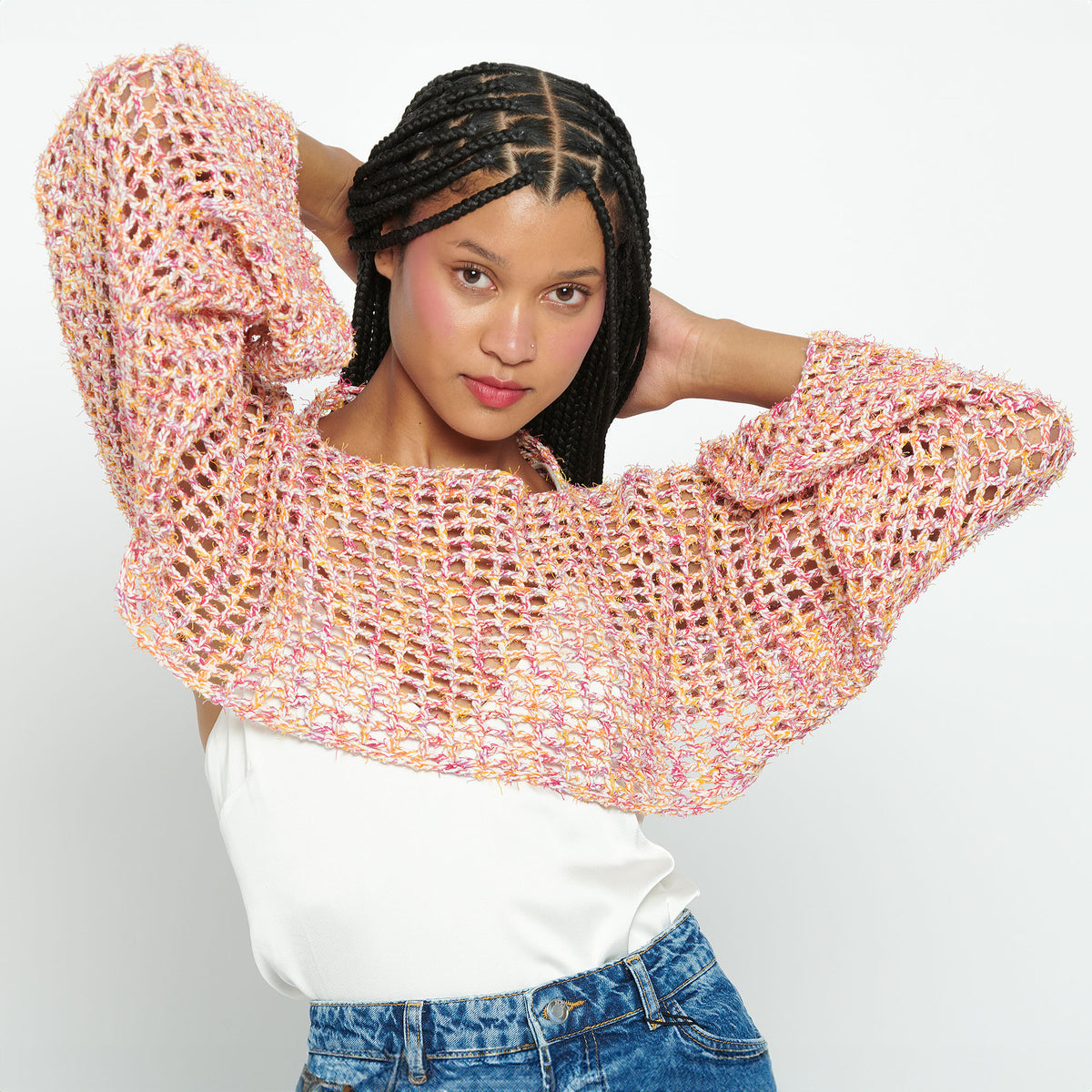 Crochet Mesh Sleeves made in Caron Coconut Cakes Yarn