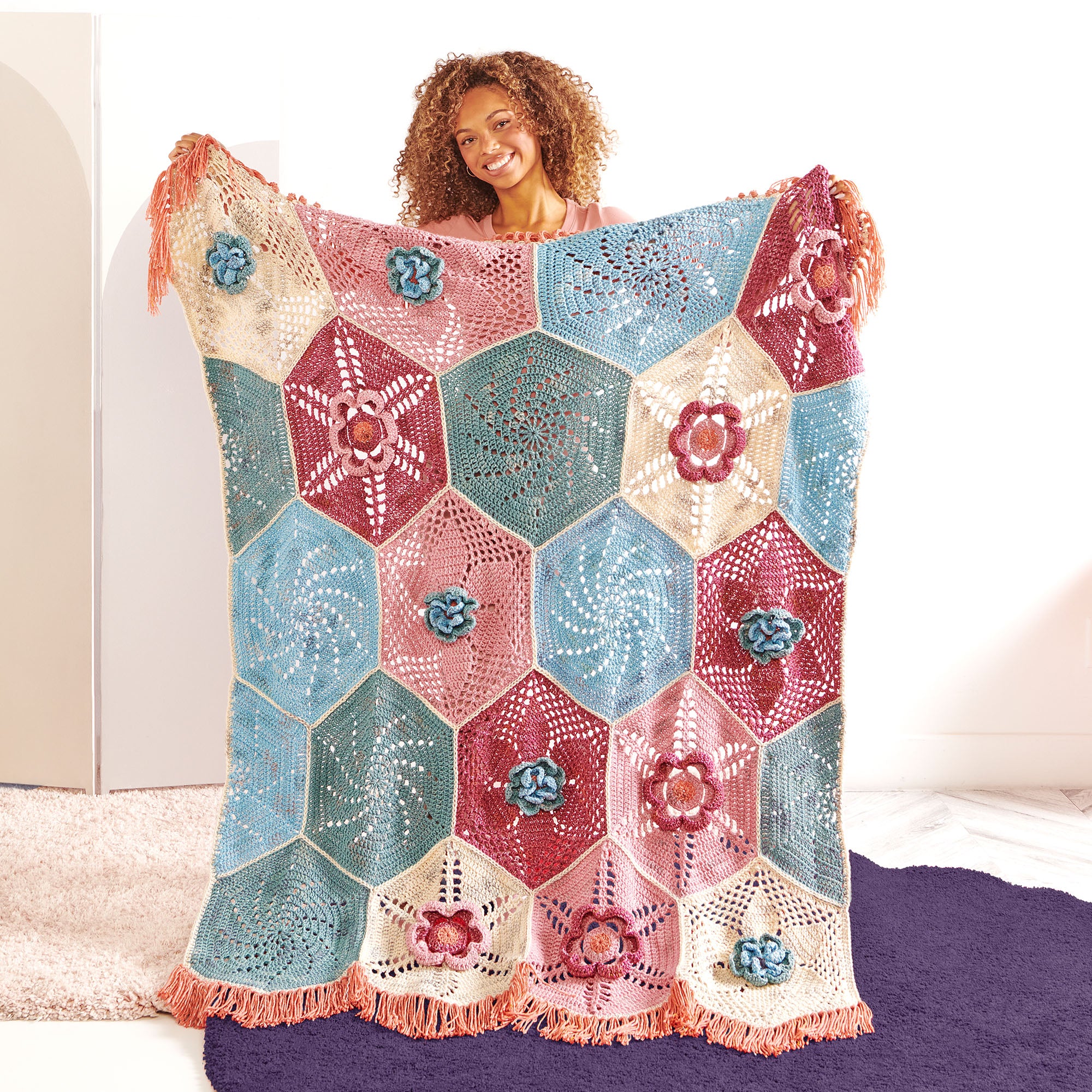 Free Caron Aqua Blossoms Crochet Hexi Blanket Pattern | Yarnspirations