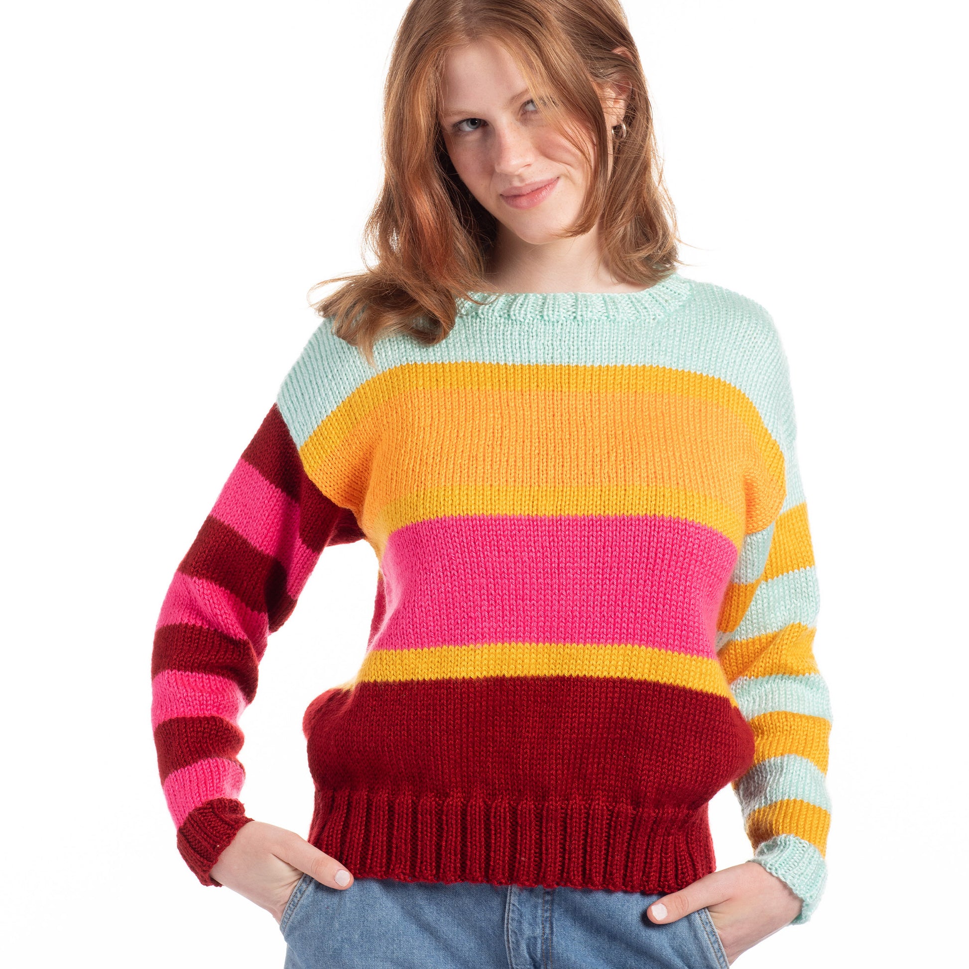 Free Caron Simply Soft Candy Bands Knit Sweater Pattern
