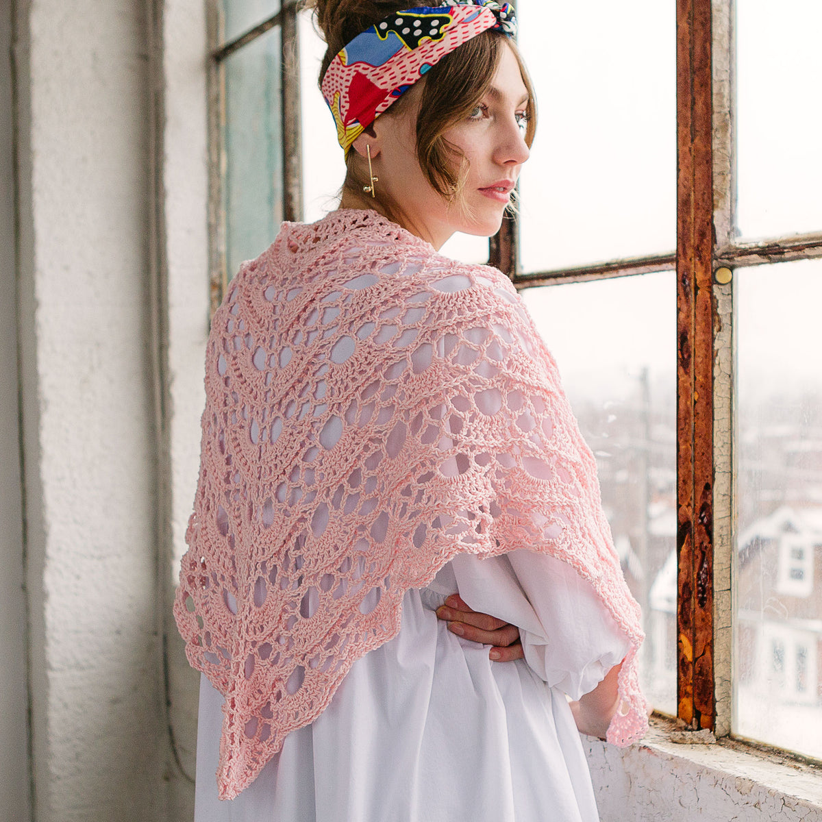 Crochet Shawl made in Patons Grace Yarn, Blush.