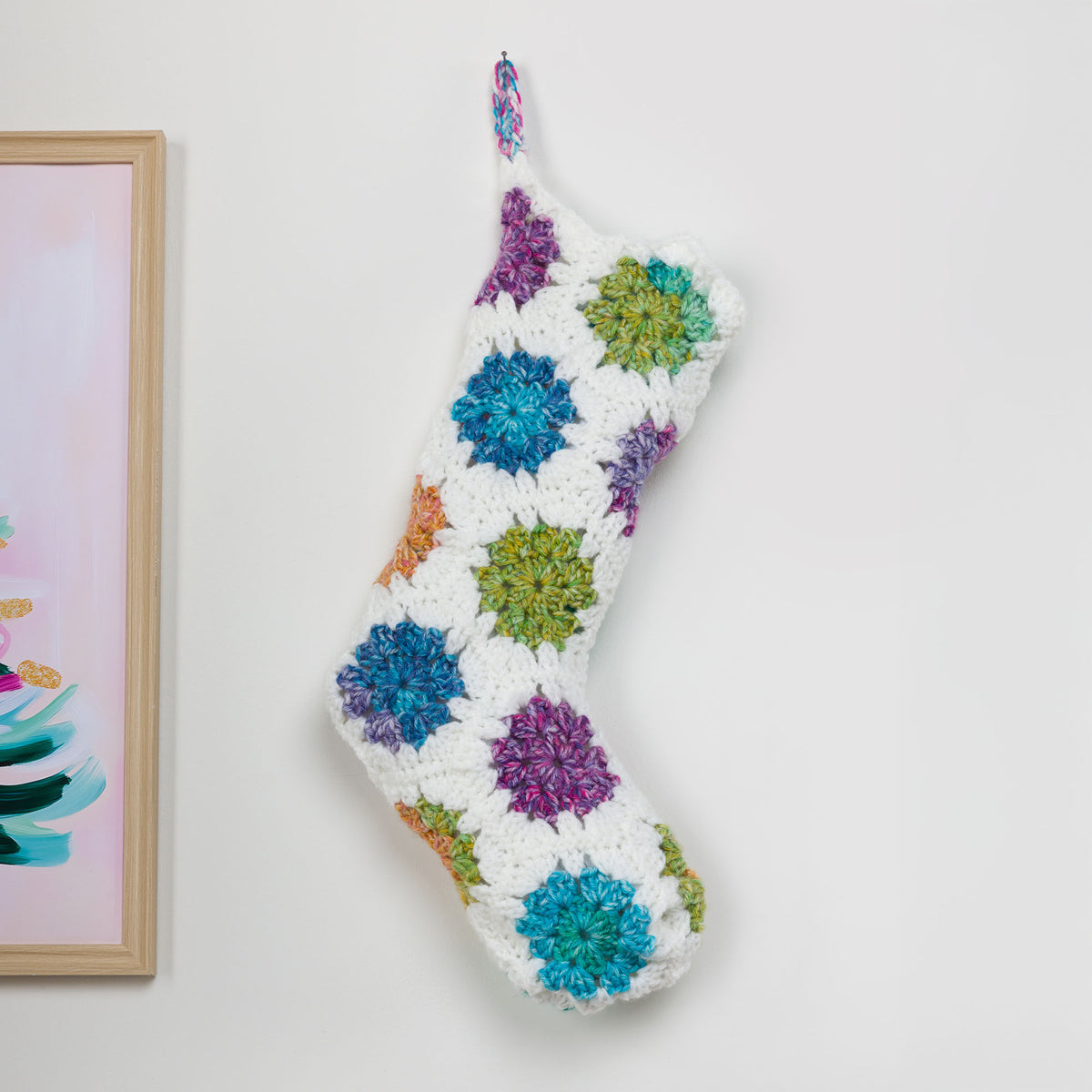 Crochet Hexi Motif Stocking made using Red Heart yarn