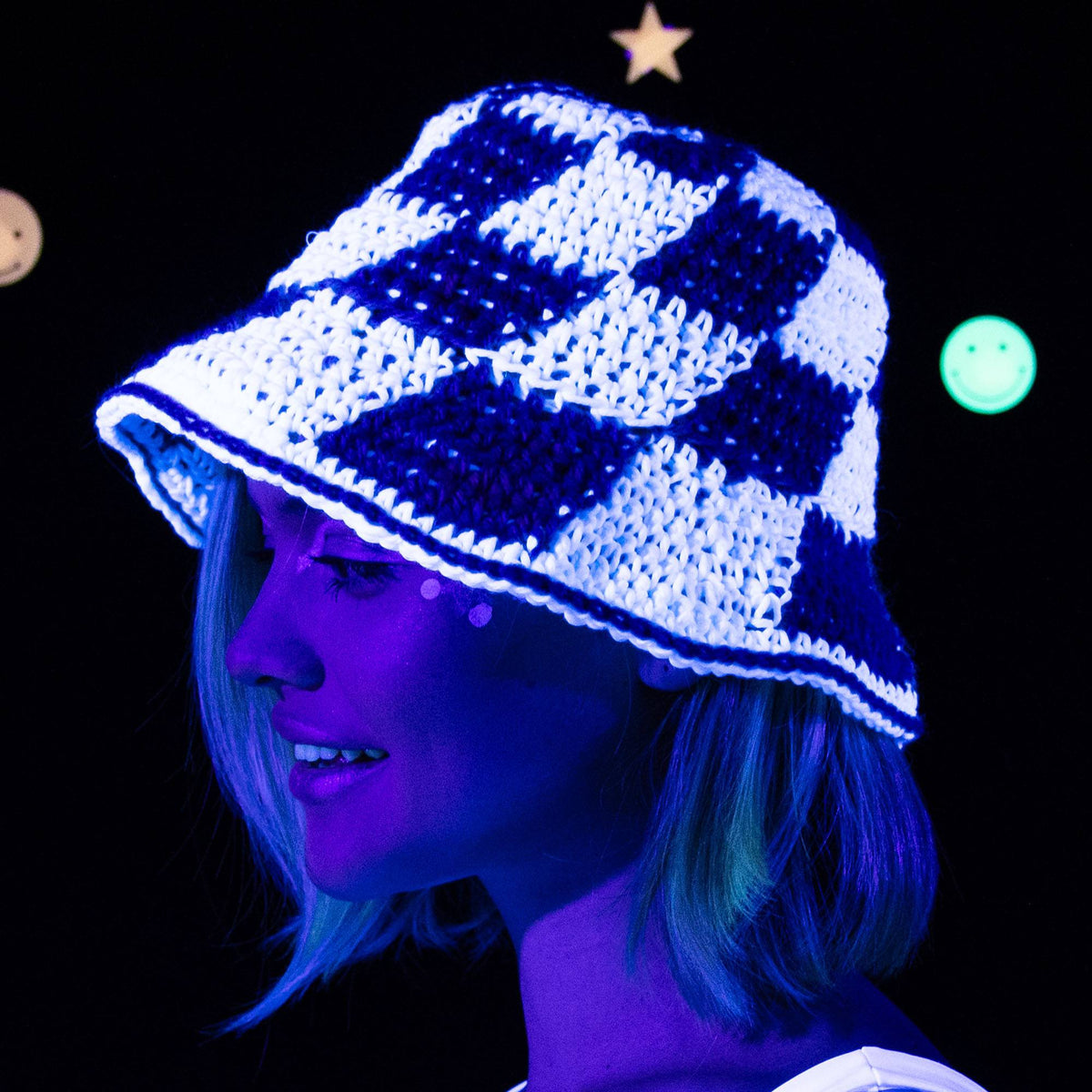 Crochet Glow-Y Checkerboard Hat made using Red Heart yarn