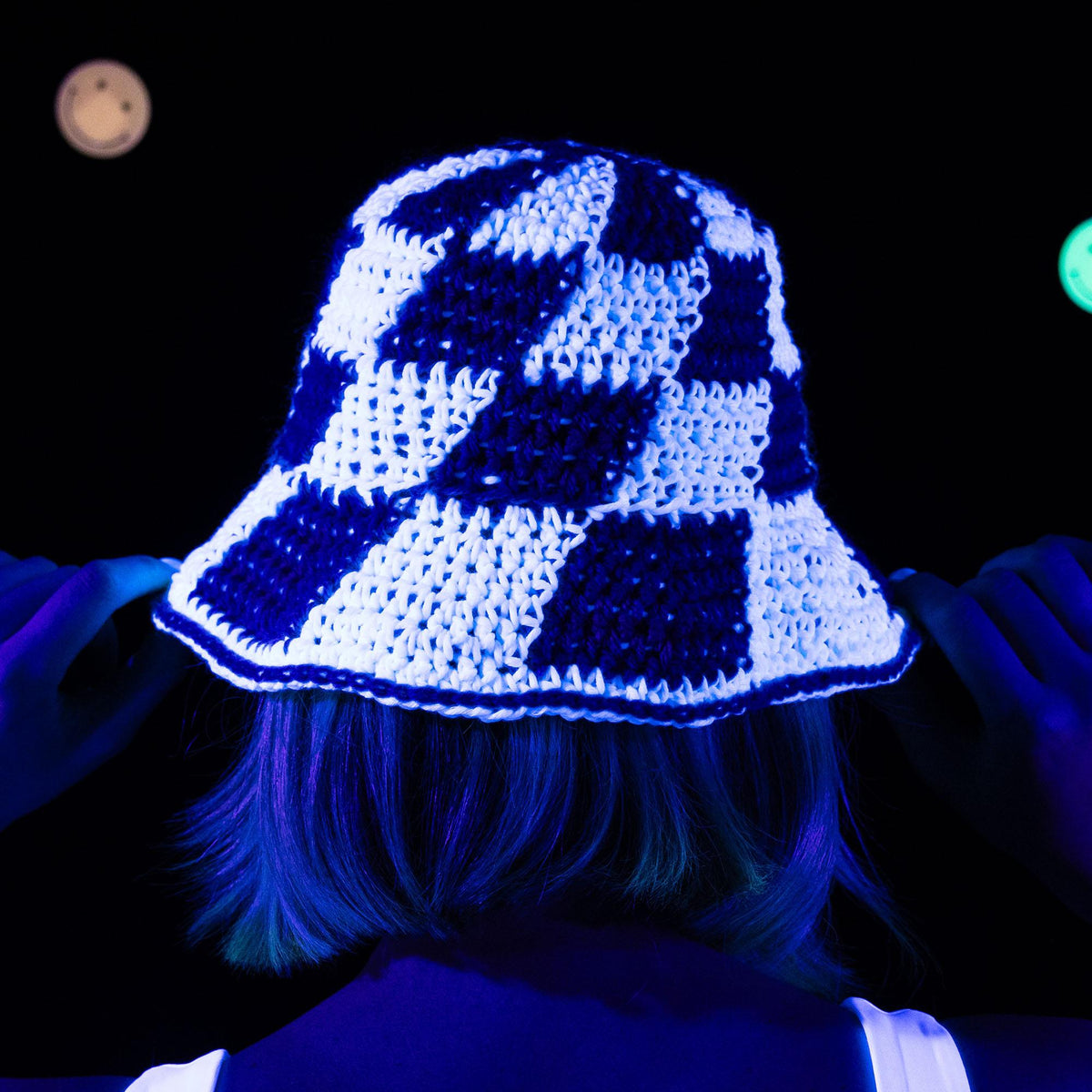 Crochet Glow-Y Checkerboard Hat made using Red Heart yarn