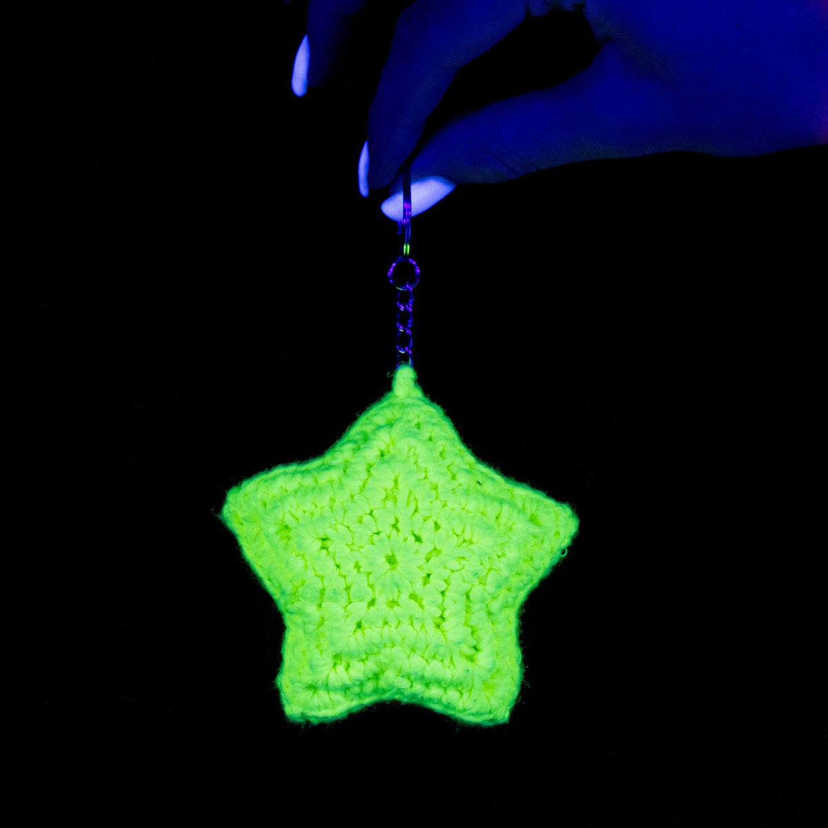 Super Glowing Star Charm made using Red Heart yarn