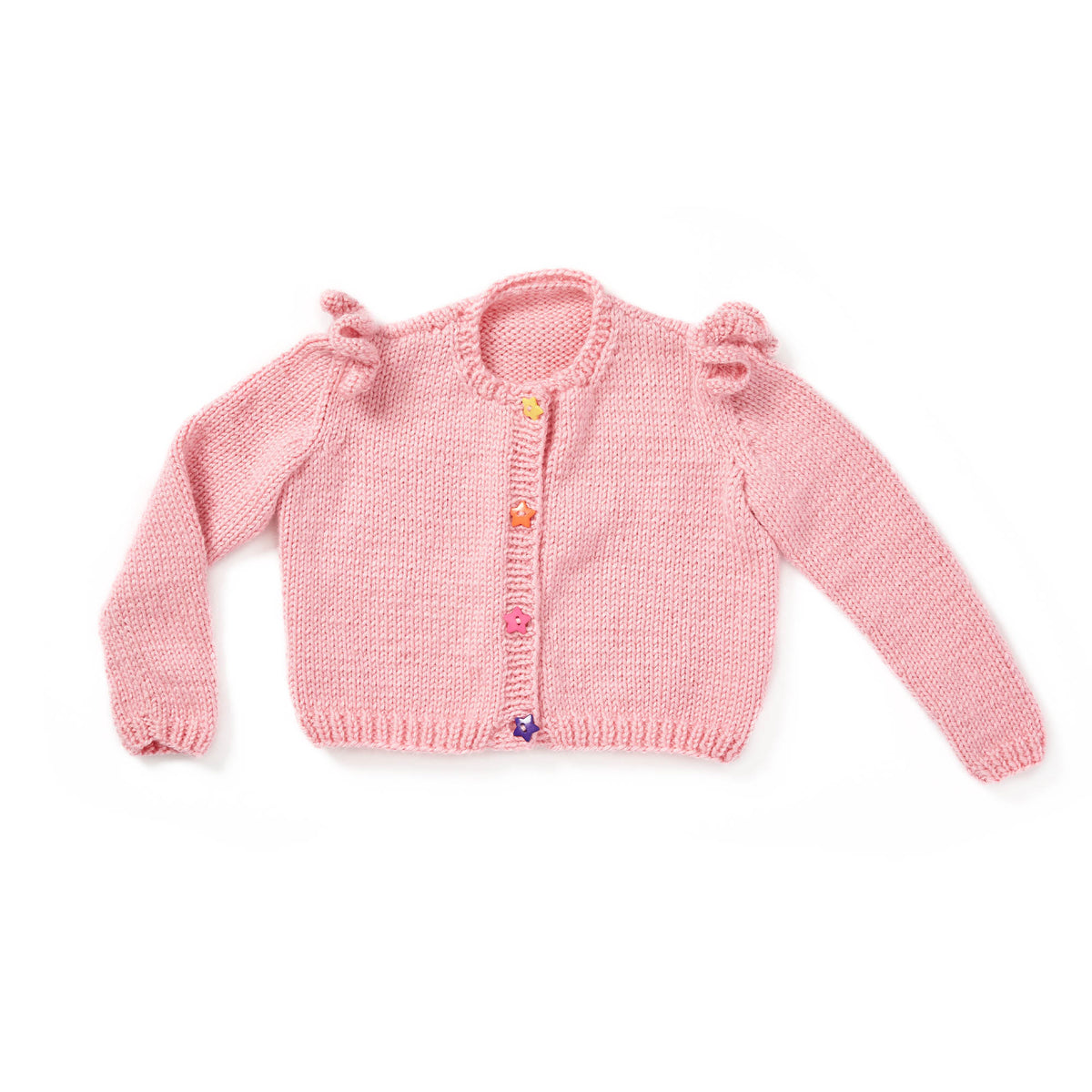 Ruffled Shoulder Knit Cardigan made using Red Heart yarn in a styled lifestyle setting