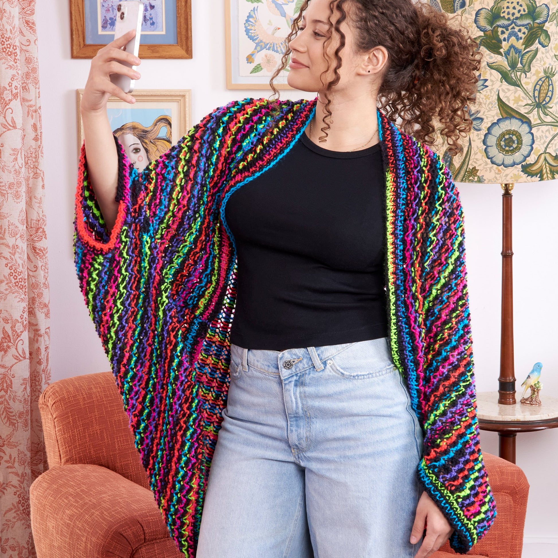 Free Red Heart Spectrum Striped Snuggle Knit Cocoon Cardi Pattern