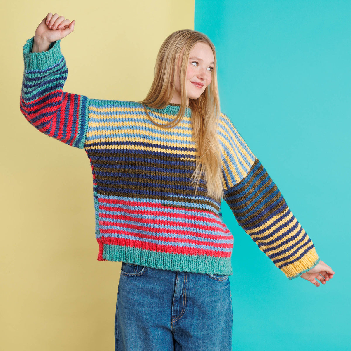 Stripes For Beginner Knit Pullover made using Red Heart yarn
