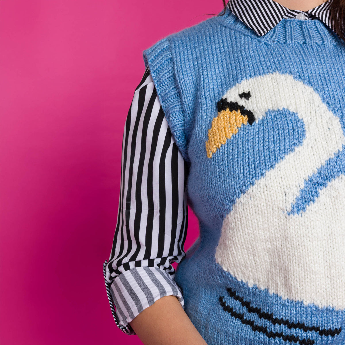 Knit Intarsia Swan Vest made using Red Heart yarn