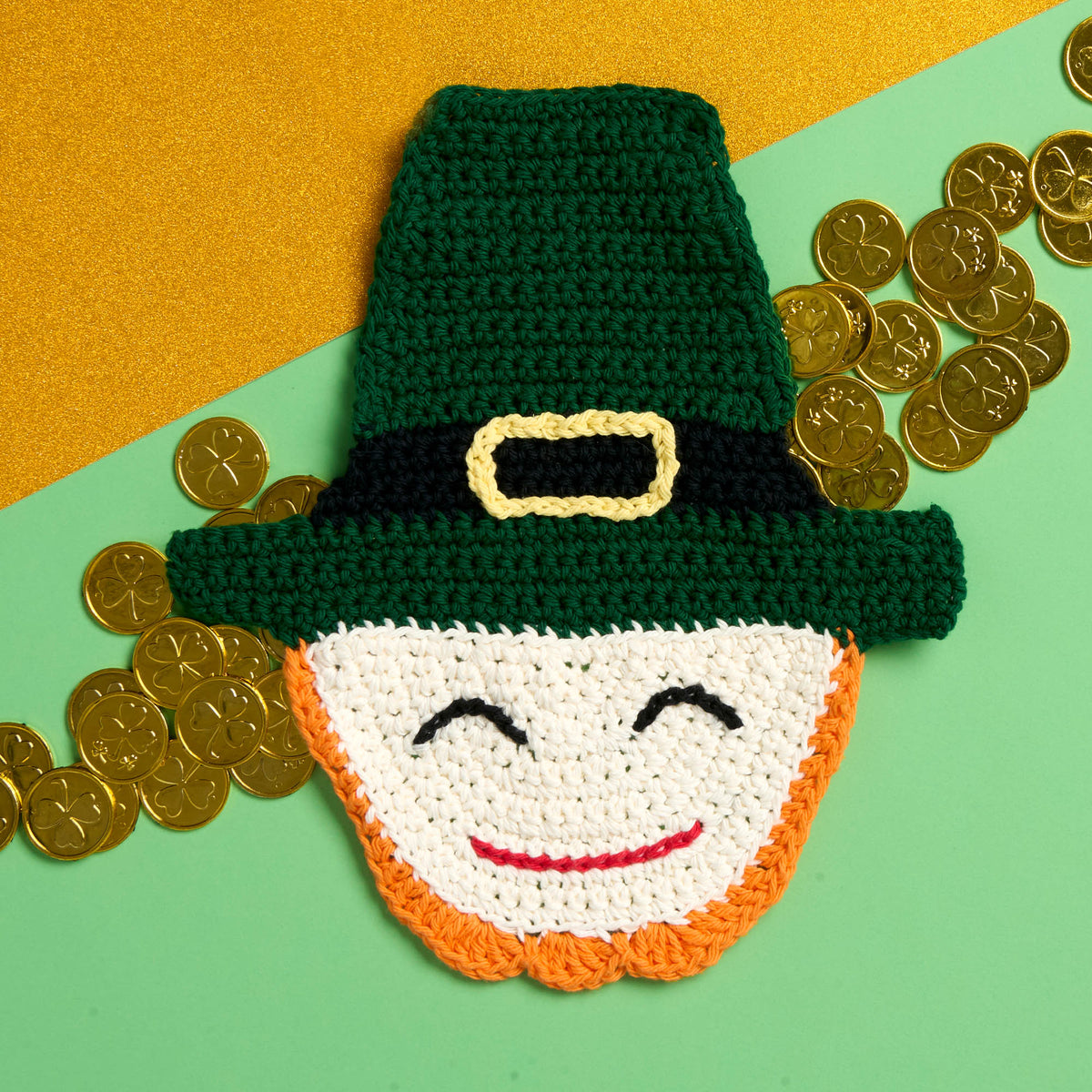 Sugar'N Cream Crochet Leprechaun Dishcloth made using Lily yarn in a styled lifestyle setting