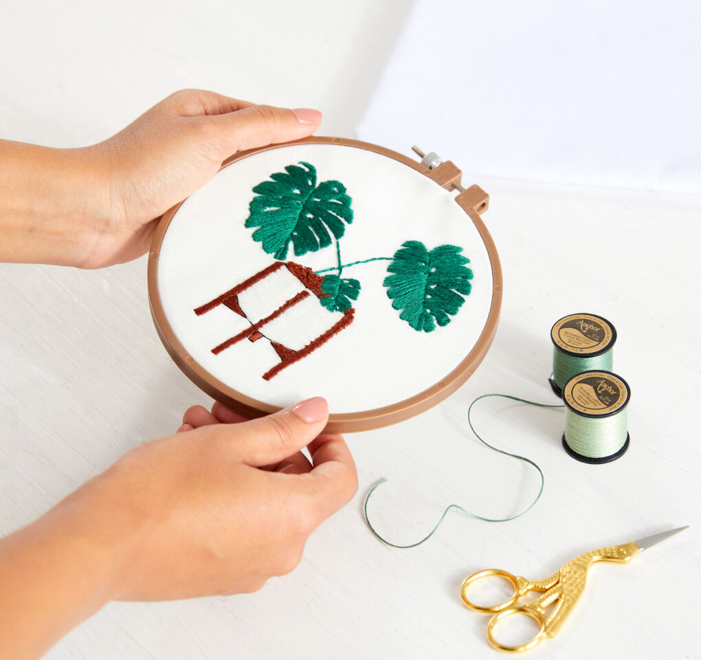 monstera plant embroidery on hoop with anchor floss on spools