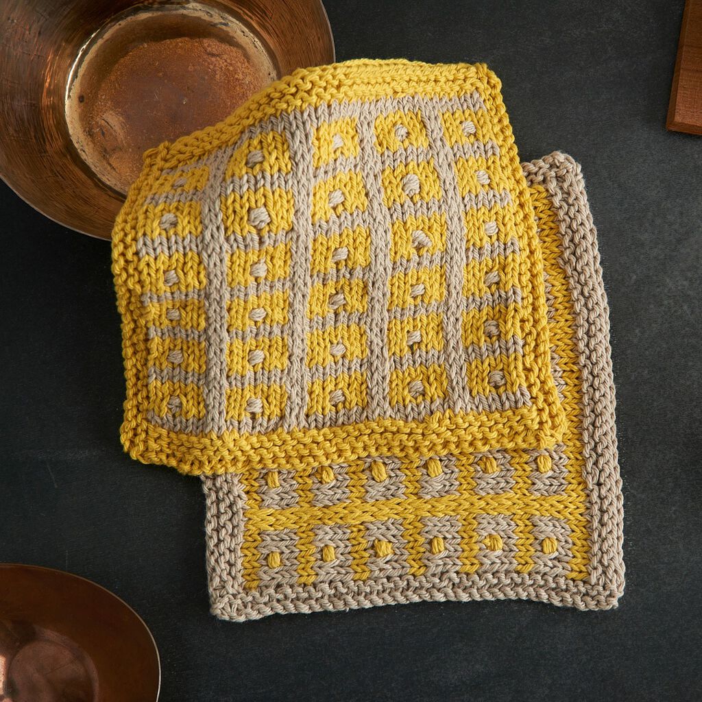 cream and yellow grid knit dishcloth