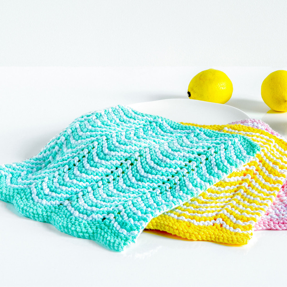 Zig Zag Knit Dishcloth in blue, yellow, and pink
