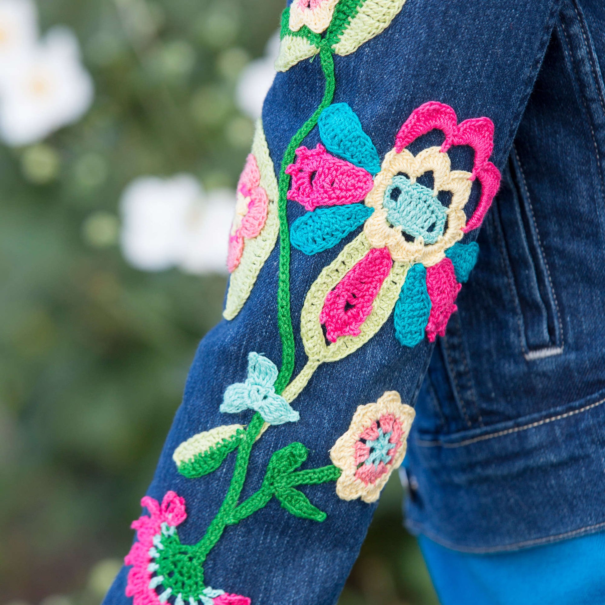 Free Aunt Lydia's Be-Flowered Denim Jacket Crochet Pattern