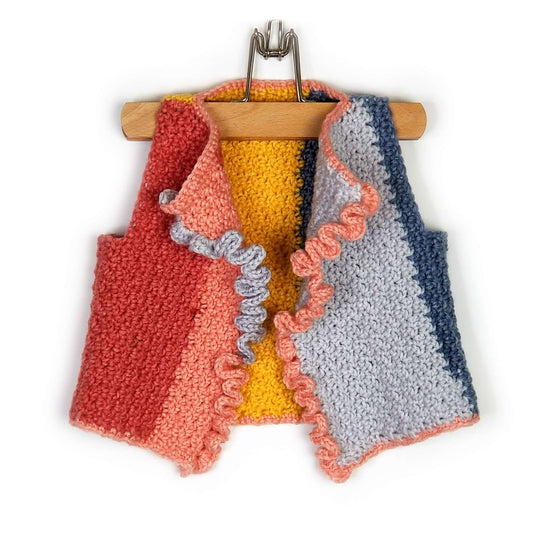 Bernat Crochat Colorblock Ruffle Front Vest made in Baby Velvet