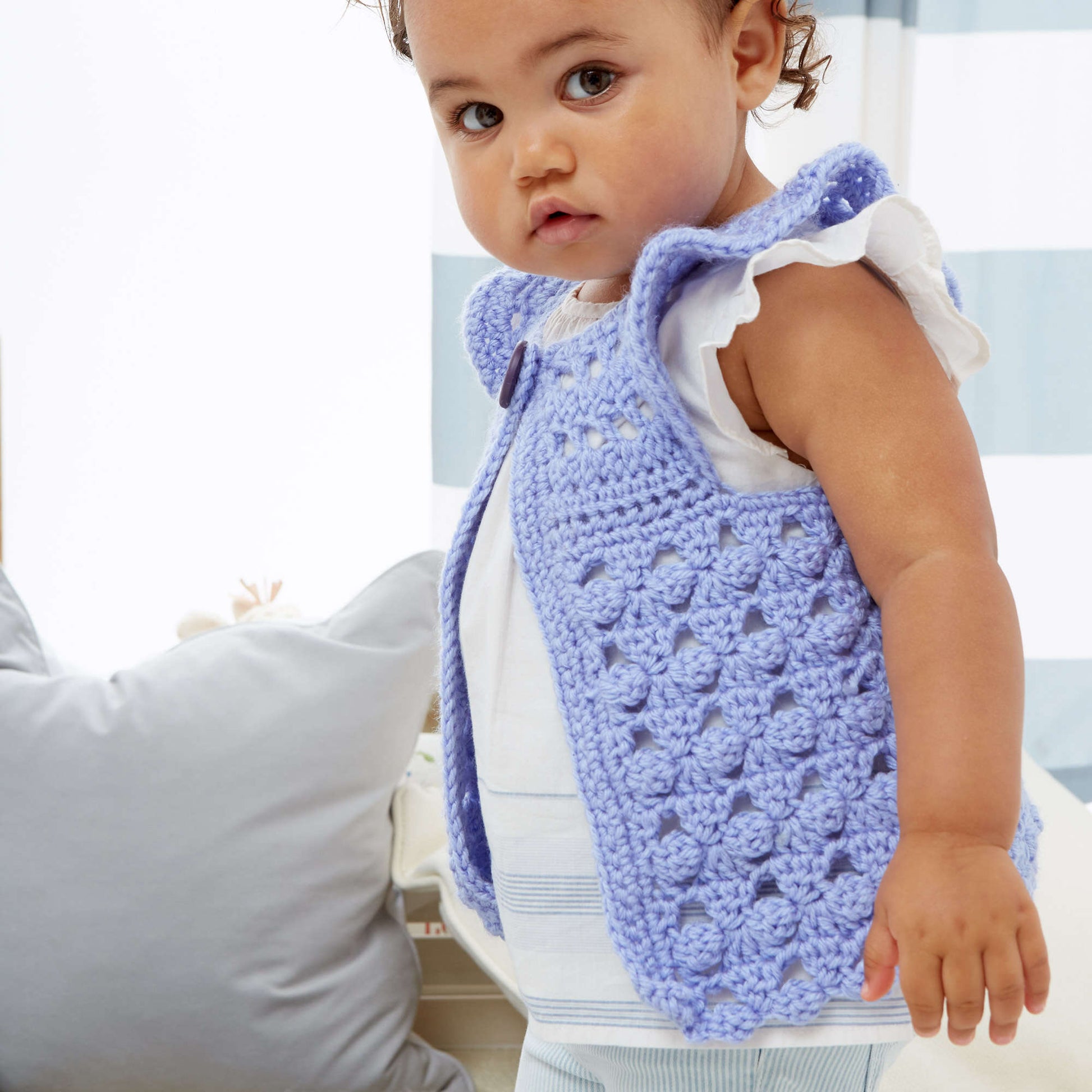 Free Bernat Flutter-Bye Baby Vest Crochet Pattern