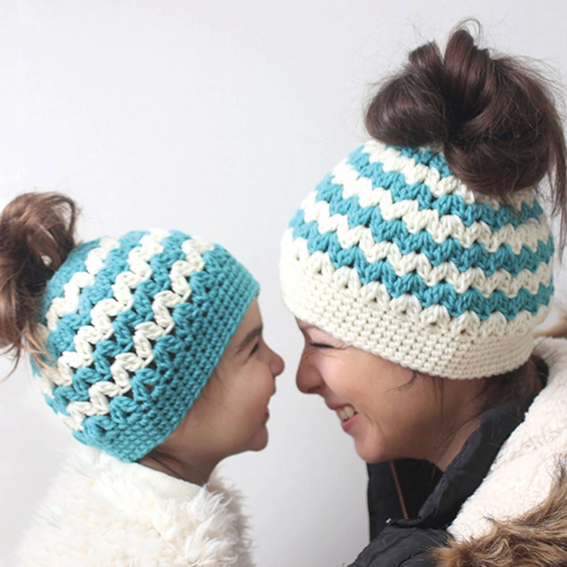 Free Bernat Mommy And Me Messy Bun Hats Crochet Pattern