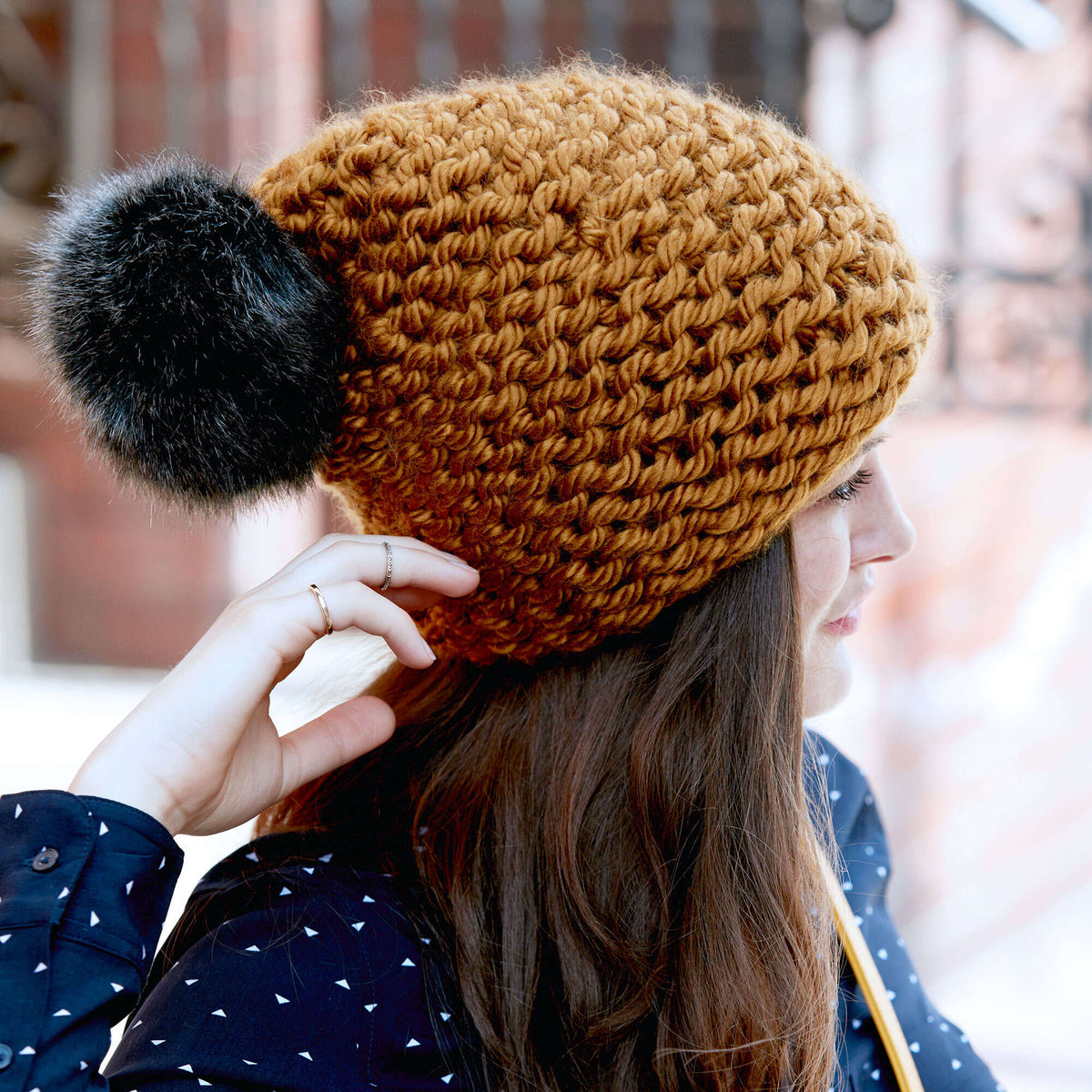 Knit Hat made in Bernat Faux Fur Pompom yarn