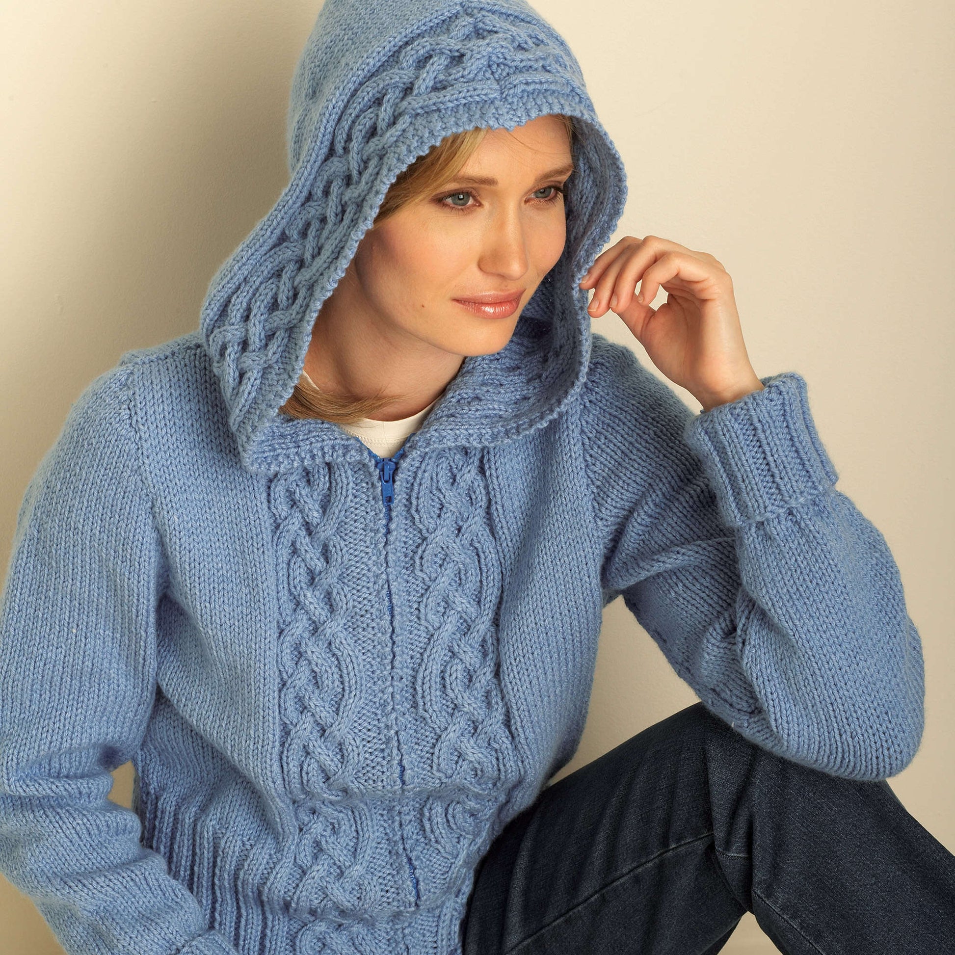 Free Bernat Cozy Cable Hooded Knit Cardigan Pattern