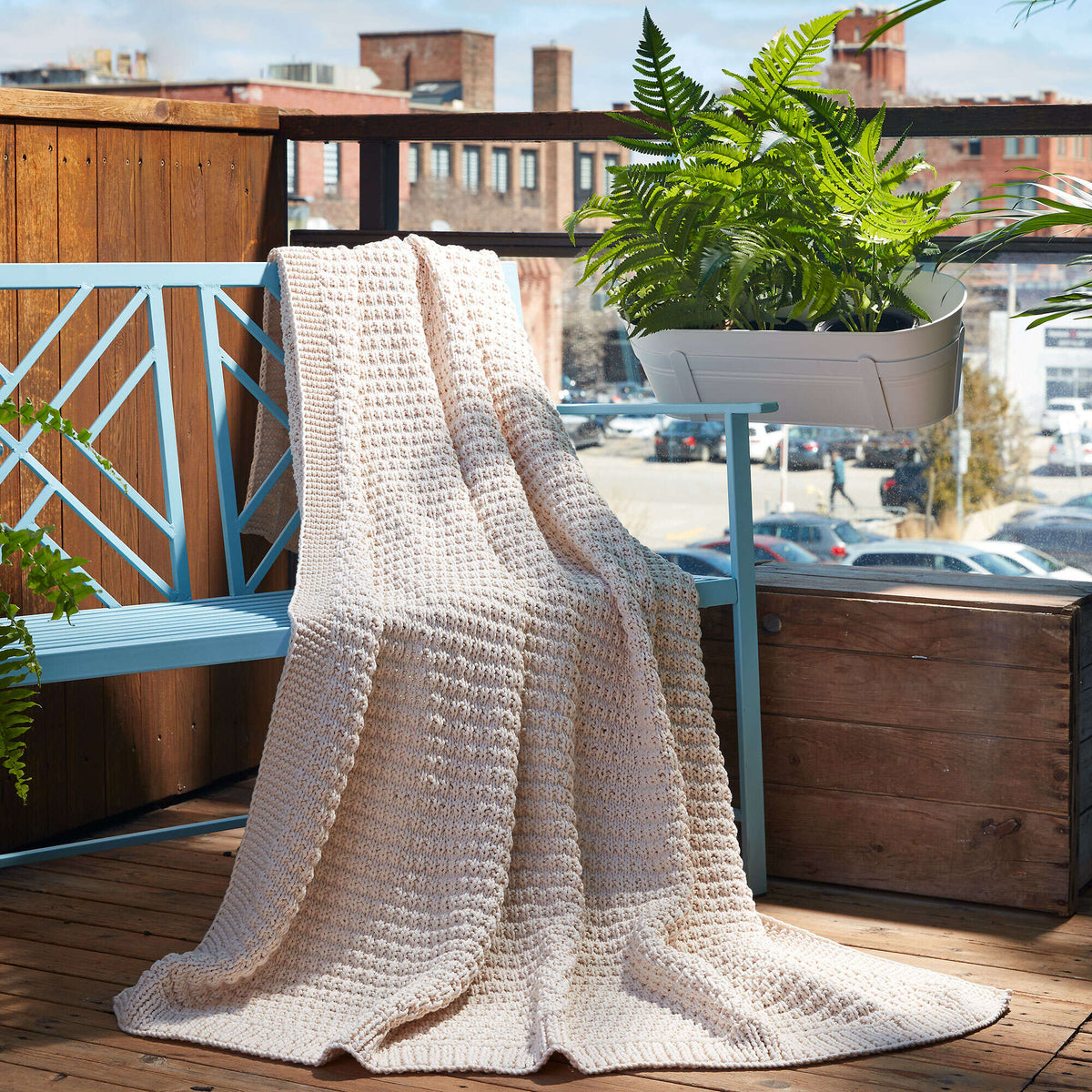 Knit Blanket made in Bernat Maker Home Dec yarn