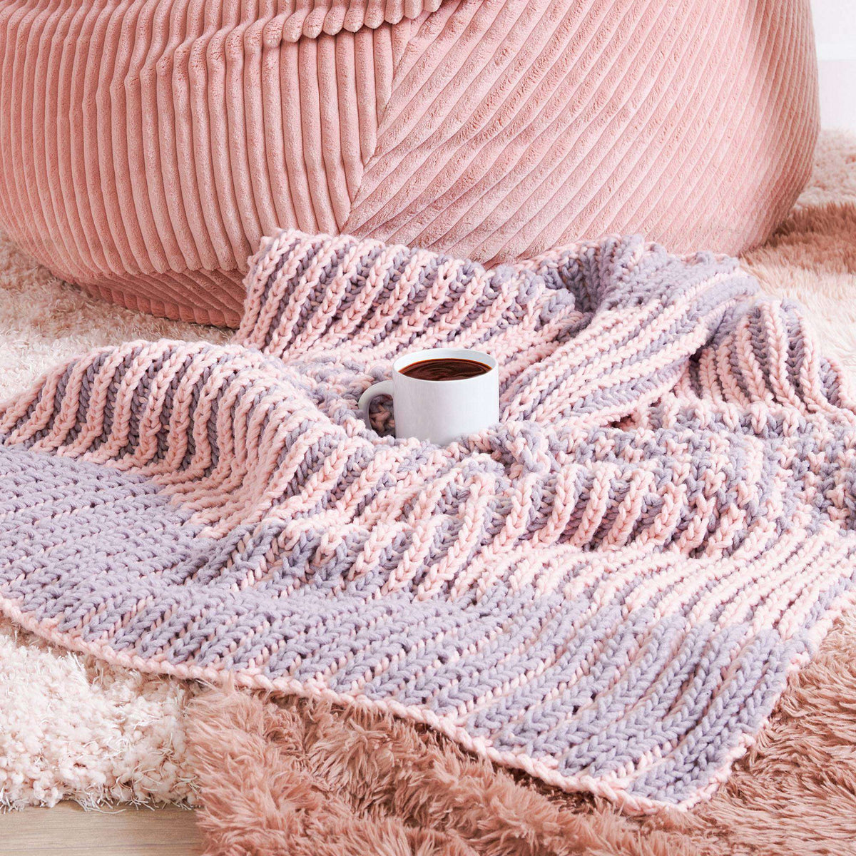 Knit Blanket made in Bernat Forever Fleece yarn
