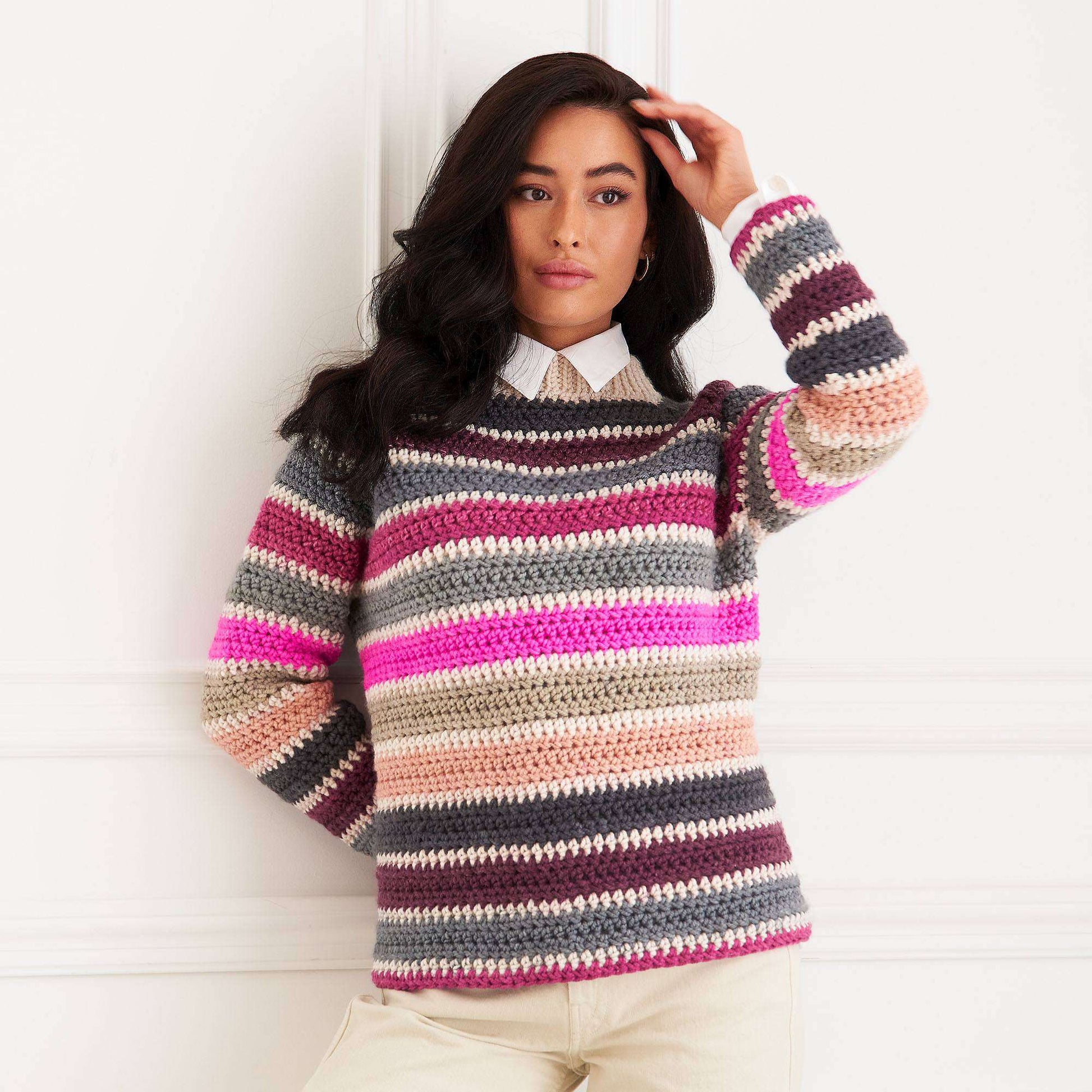 Free Caron Striped Crochet Raglan Pullover Pattern