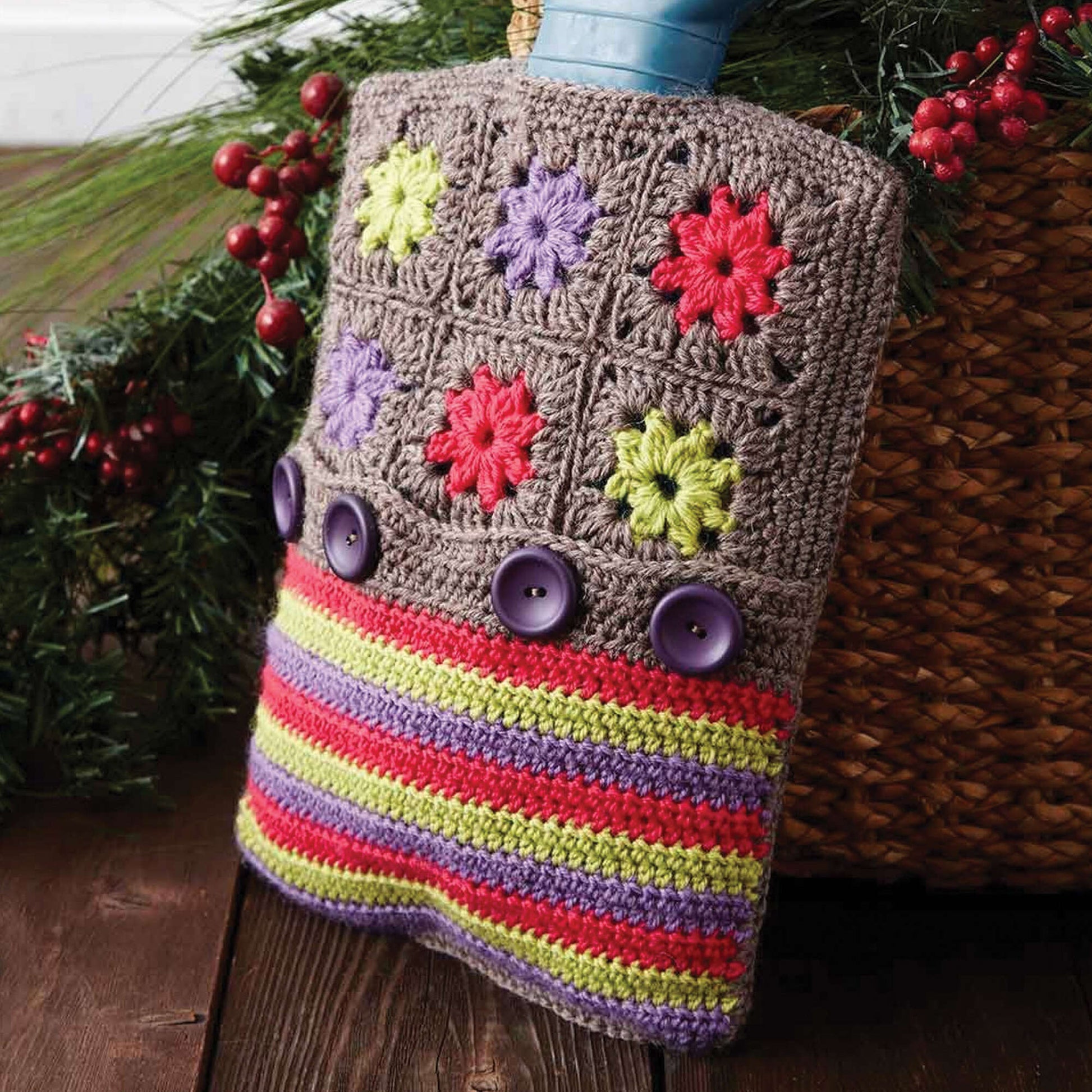 Free Patons Color Wheel Hot Water Bottle Cozy Crochet Pattern