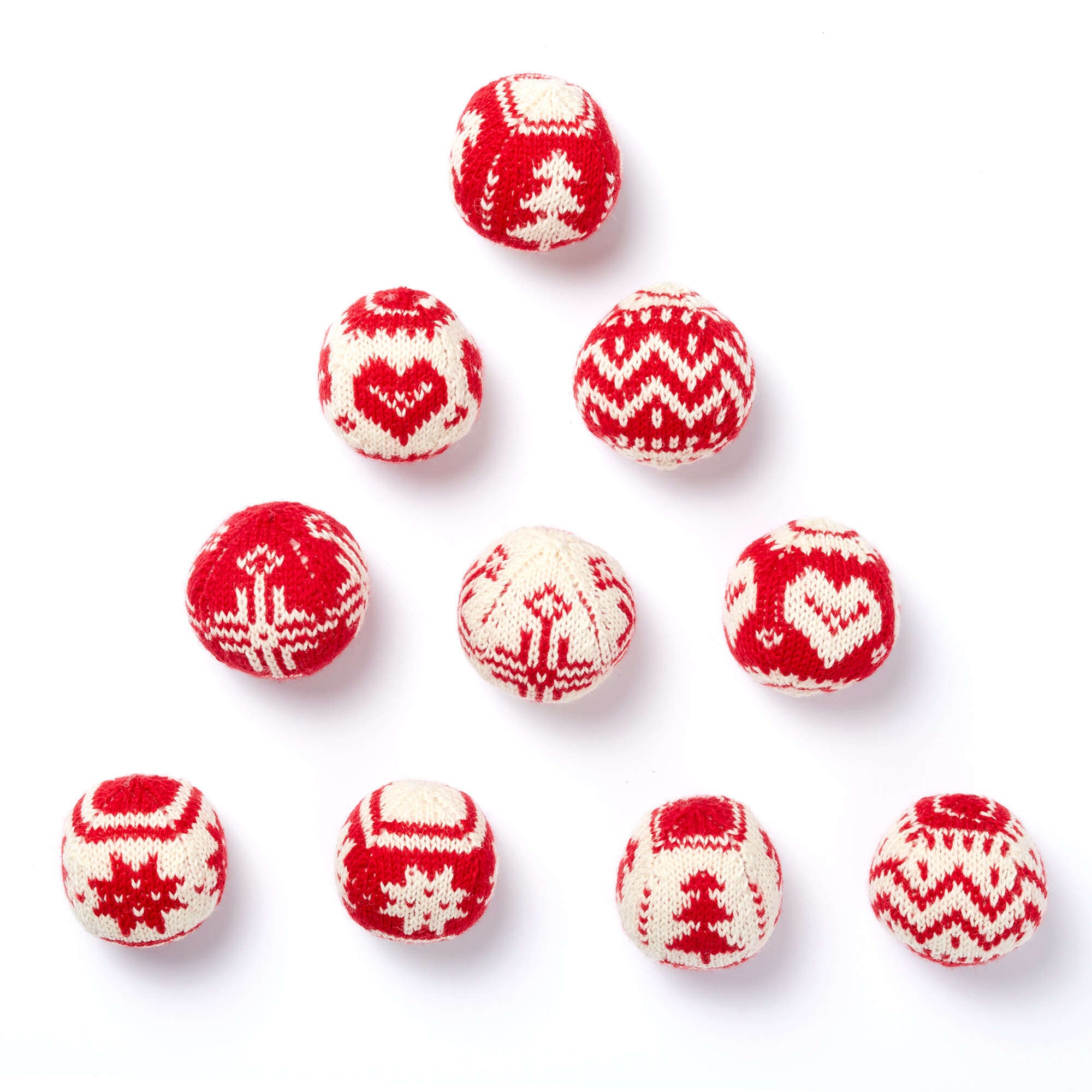 Patons Merry Fair Isle knit ornaments in red green and white colorwork