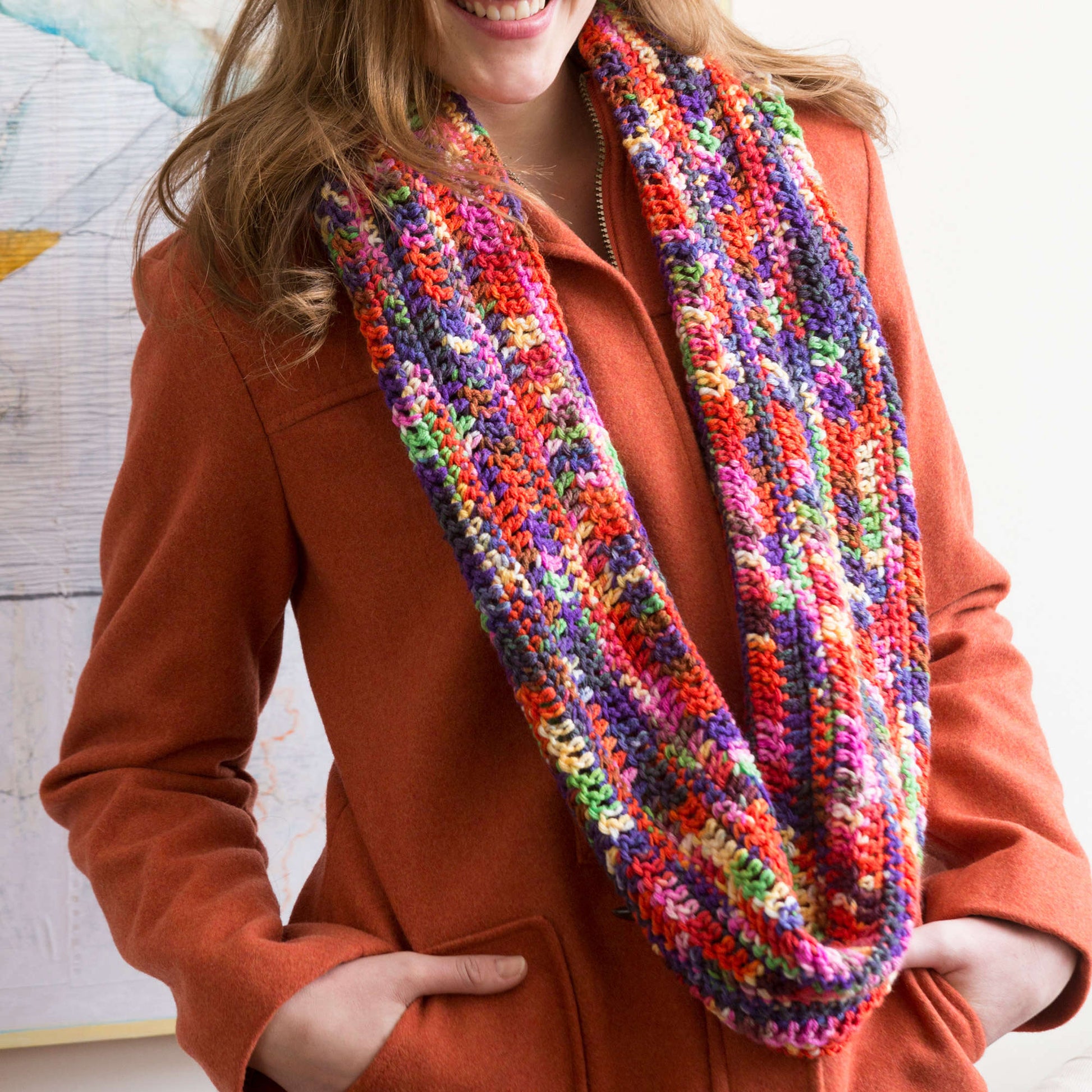 Free Red Heart Crochet Rev Up The Color Cowl Pattern