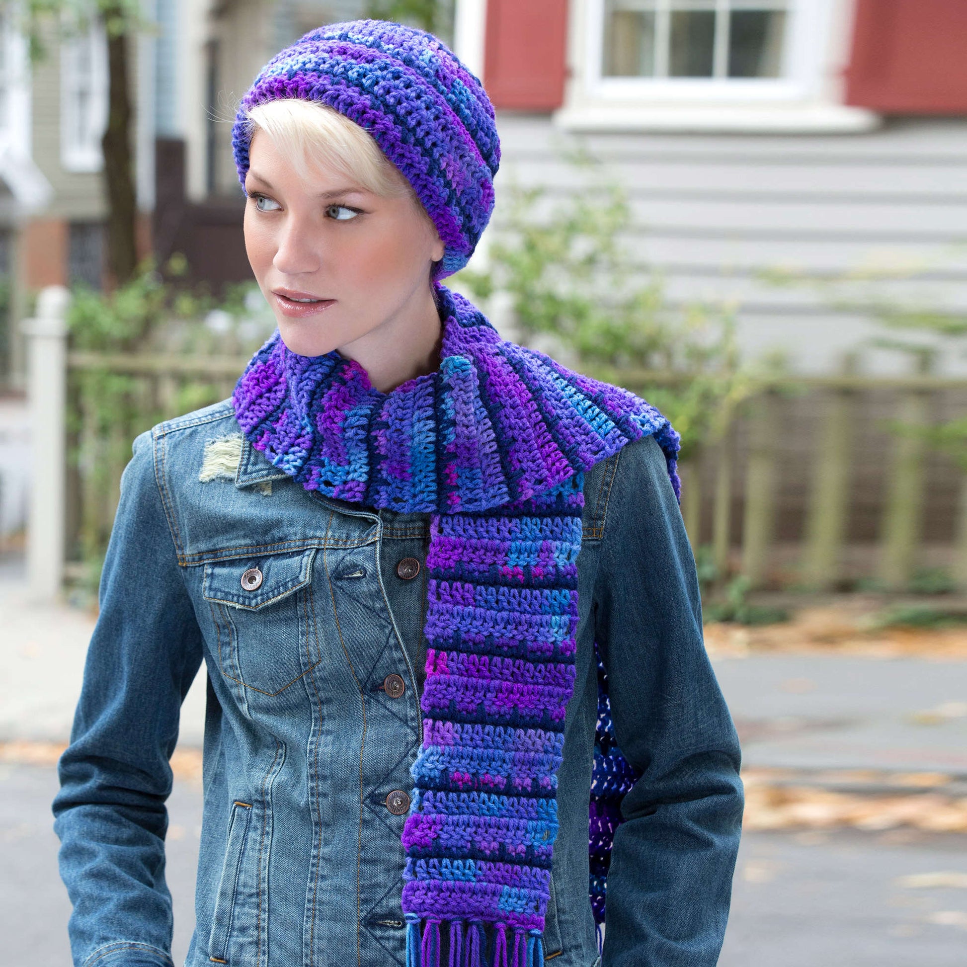 Free Red Heart Jagged Lines Hat & Scarf Set Crochet Pattern