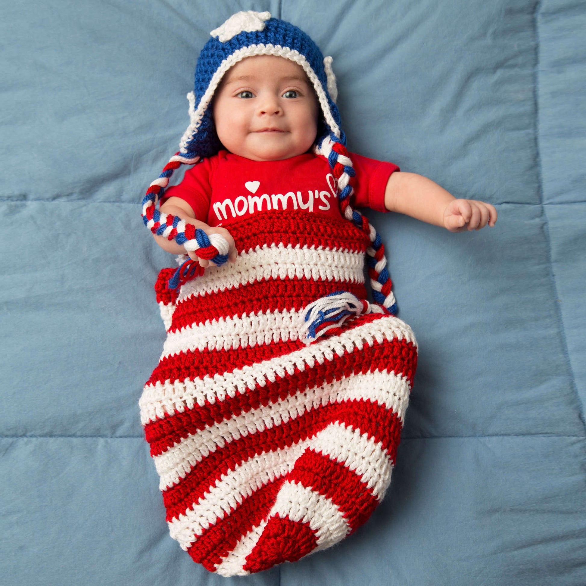 Free Red Heart Patriotic Baby Cocoon & Hat Crochet Pattern