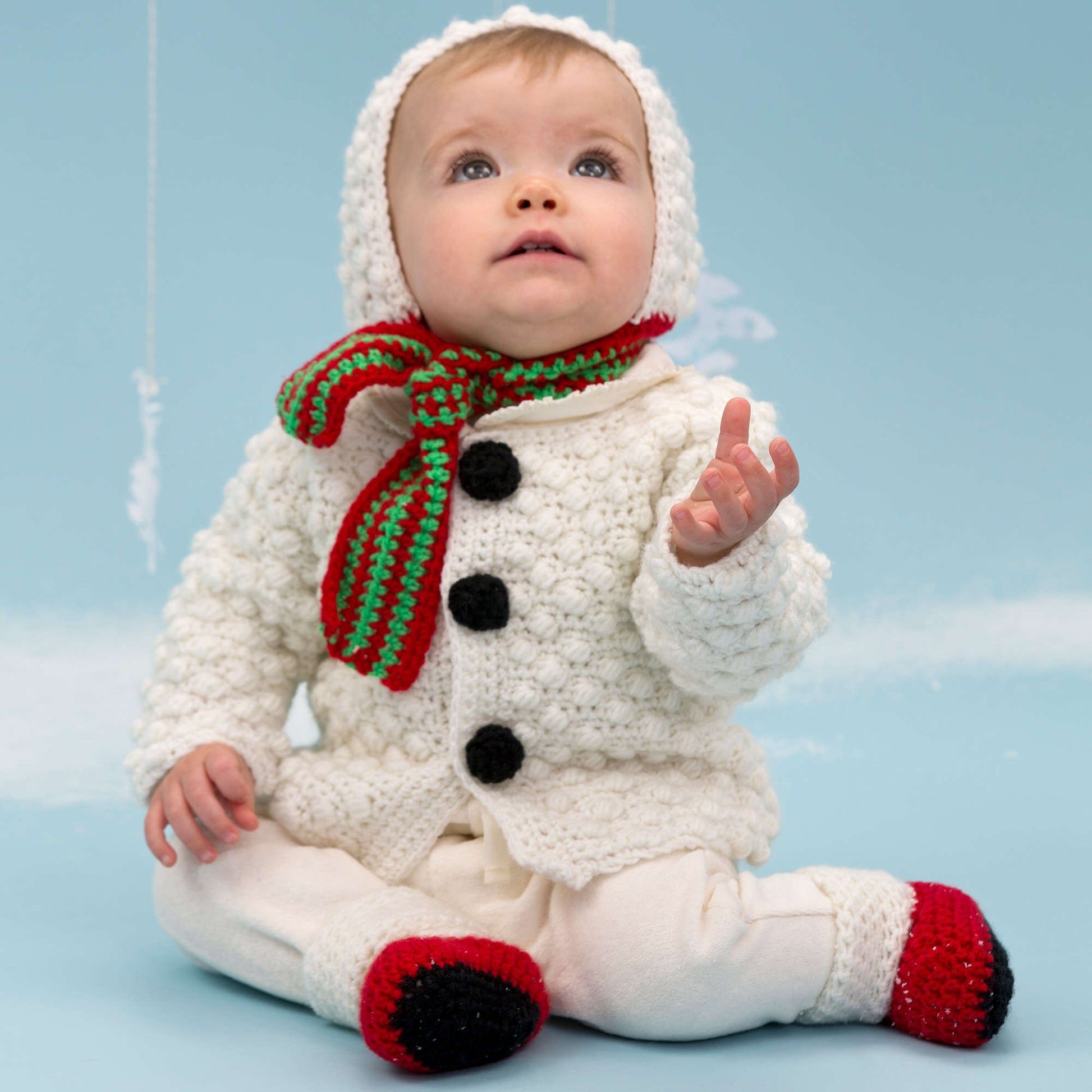Free Red Heart Snowman Cutie Baby Set Crochet Pattern