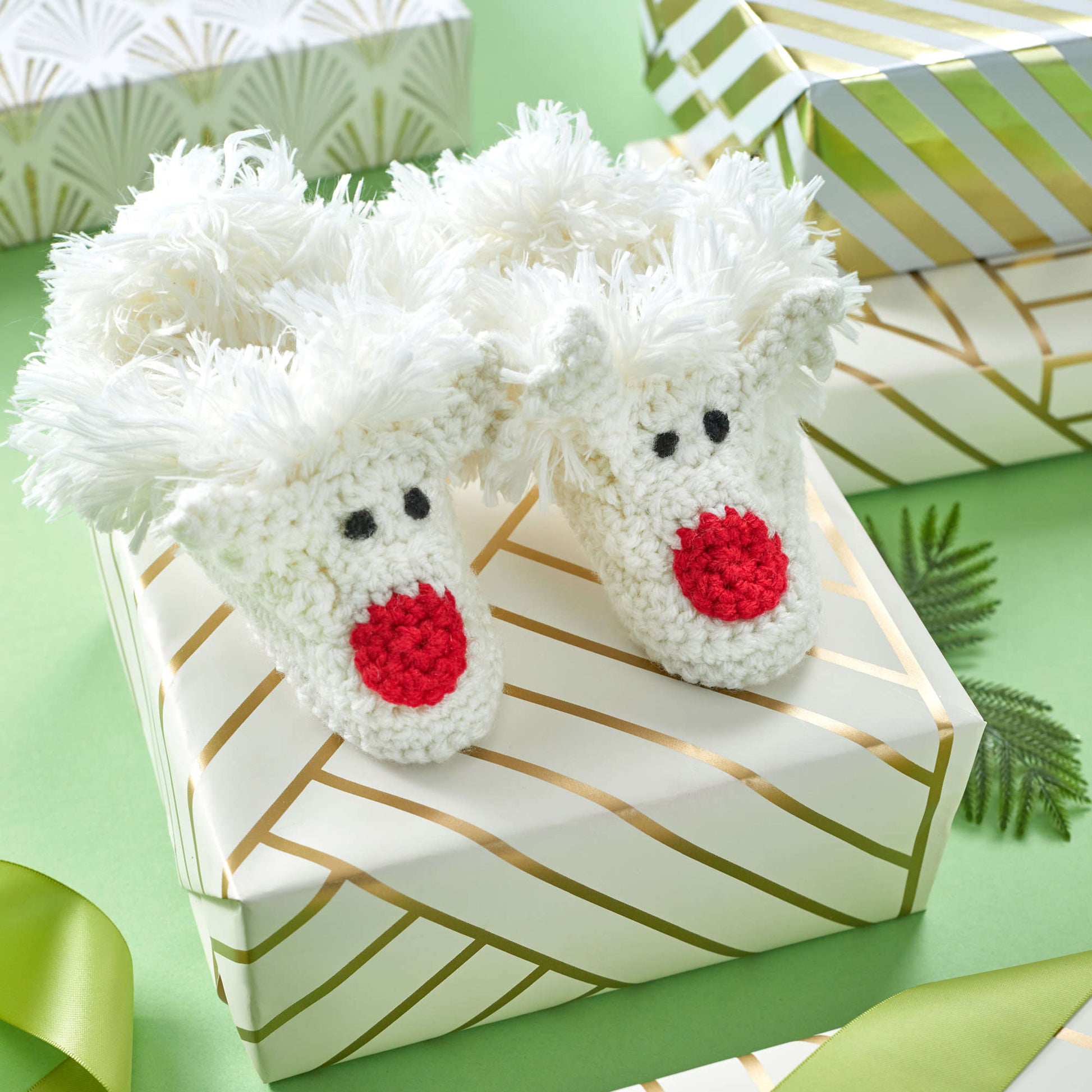 Free Red Heart Happy Kids Reindeer Slippers Crochet Pattern