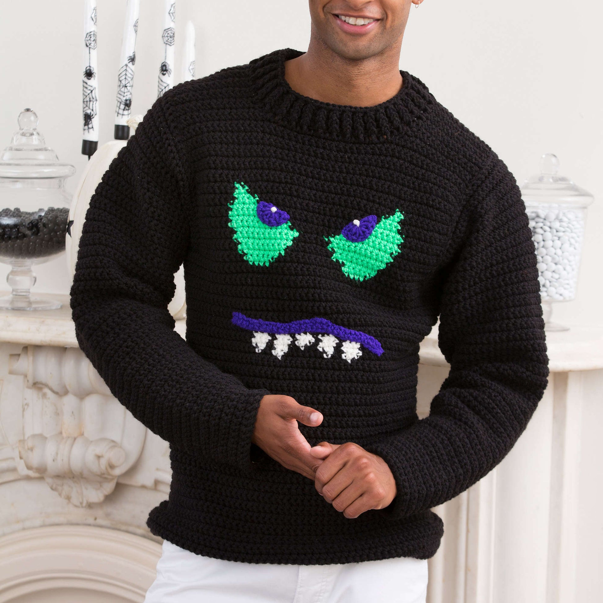 Free Red Heart Monster Face Sweater Crochet Pattern