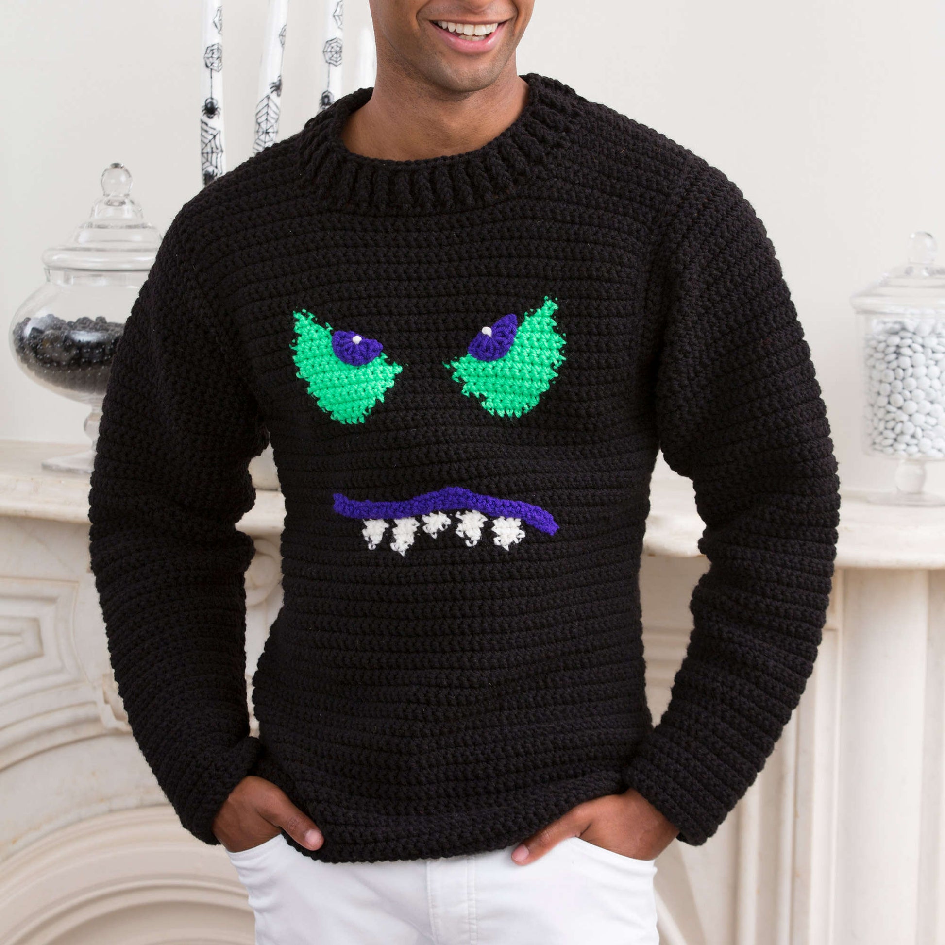 Free Red Heart Monster Face Sweater Crochet Pattern
