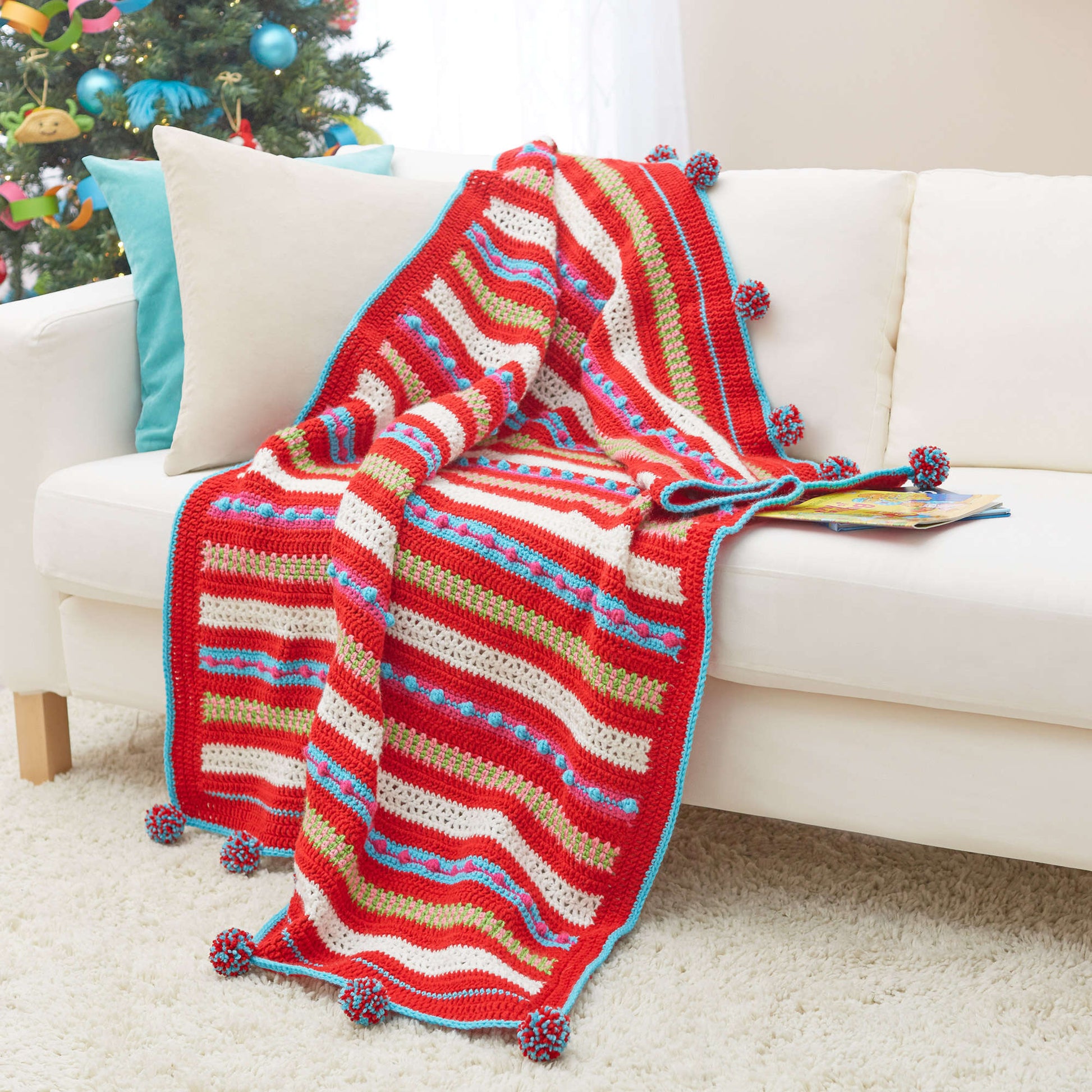 Free Red Heart Christmas Morning Striped Throw Crochet Pattern