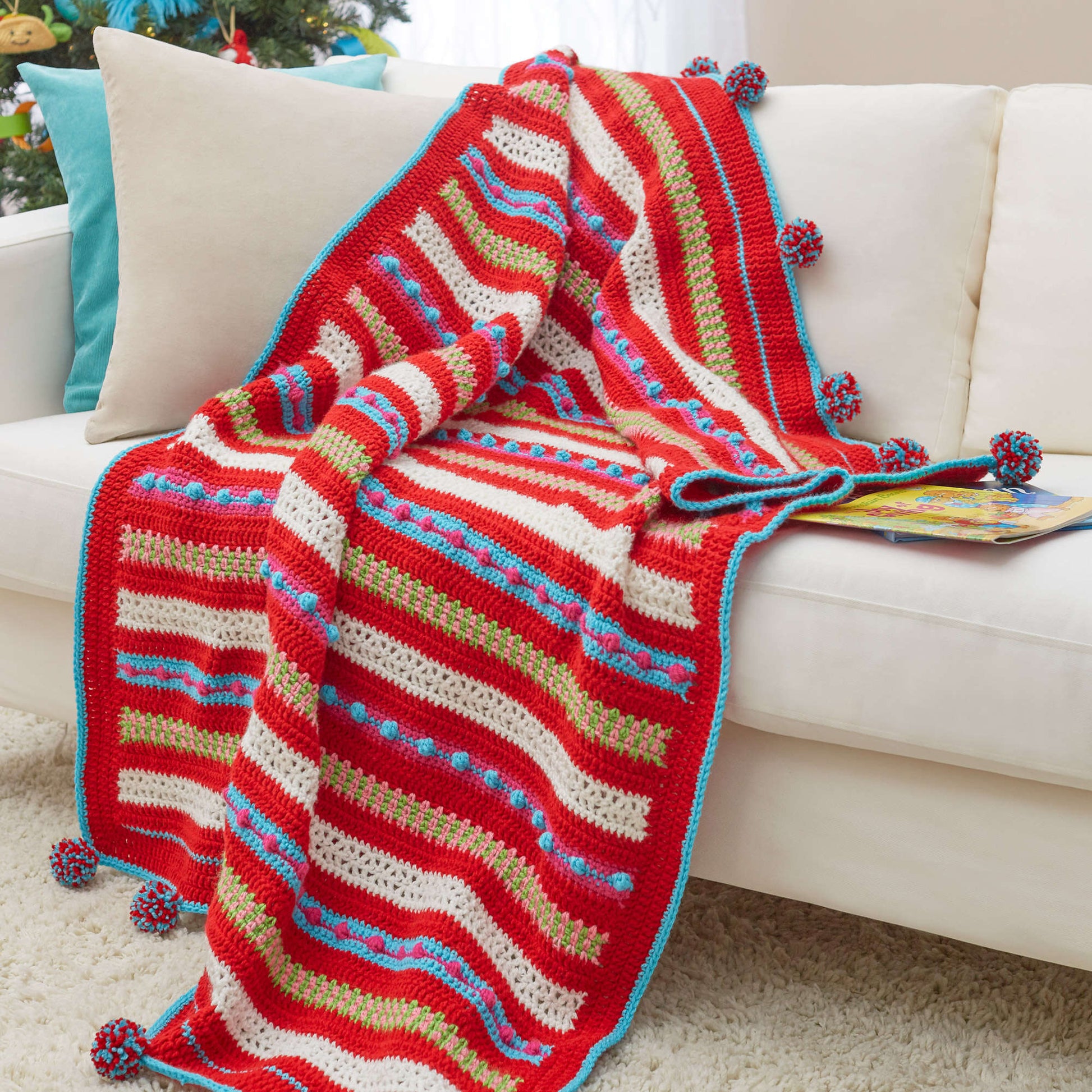 Free Red Heart Christmas Morning Striped Throw Crochet Pattern