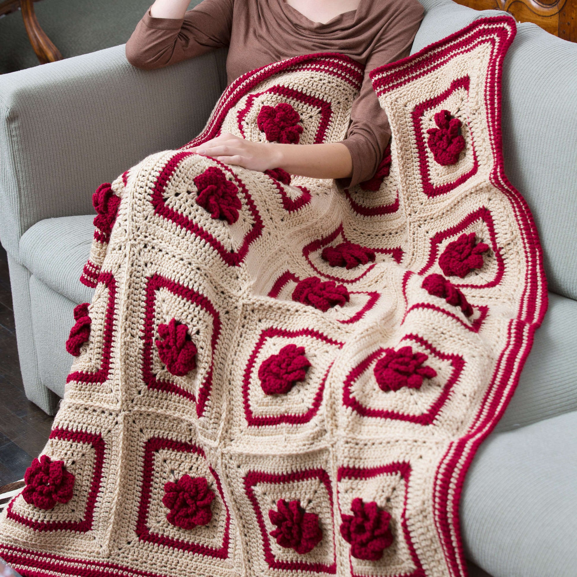 Free Red Heart Crochet Blooms In Burgundy Throw Pattern