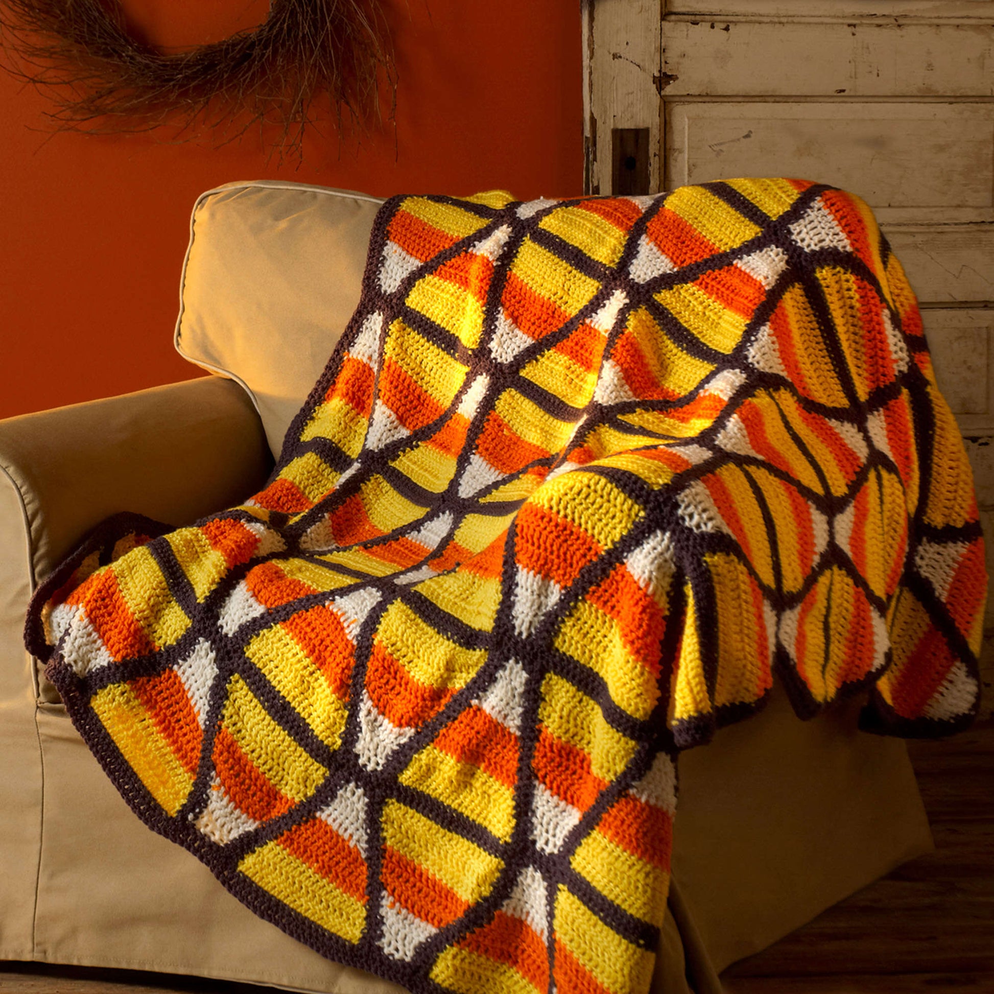 Free Red Heart Candy Corn Throw Crochet Pattern