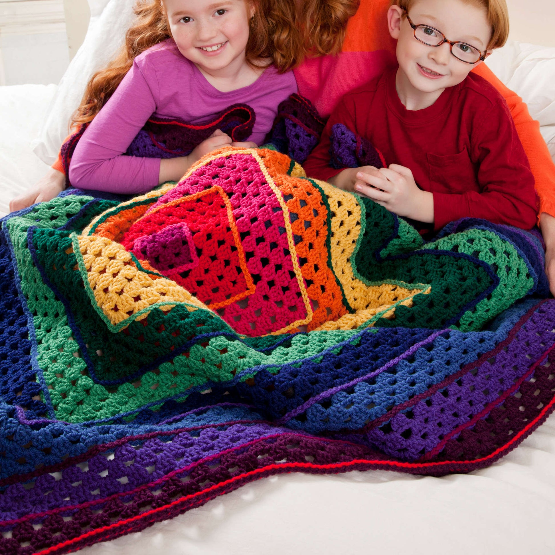 Free Red Heart Bright Squares Art Throw Crochet Pattern