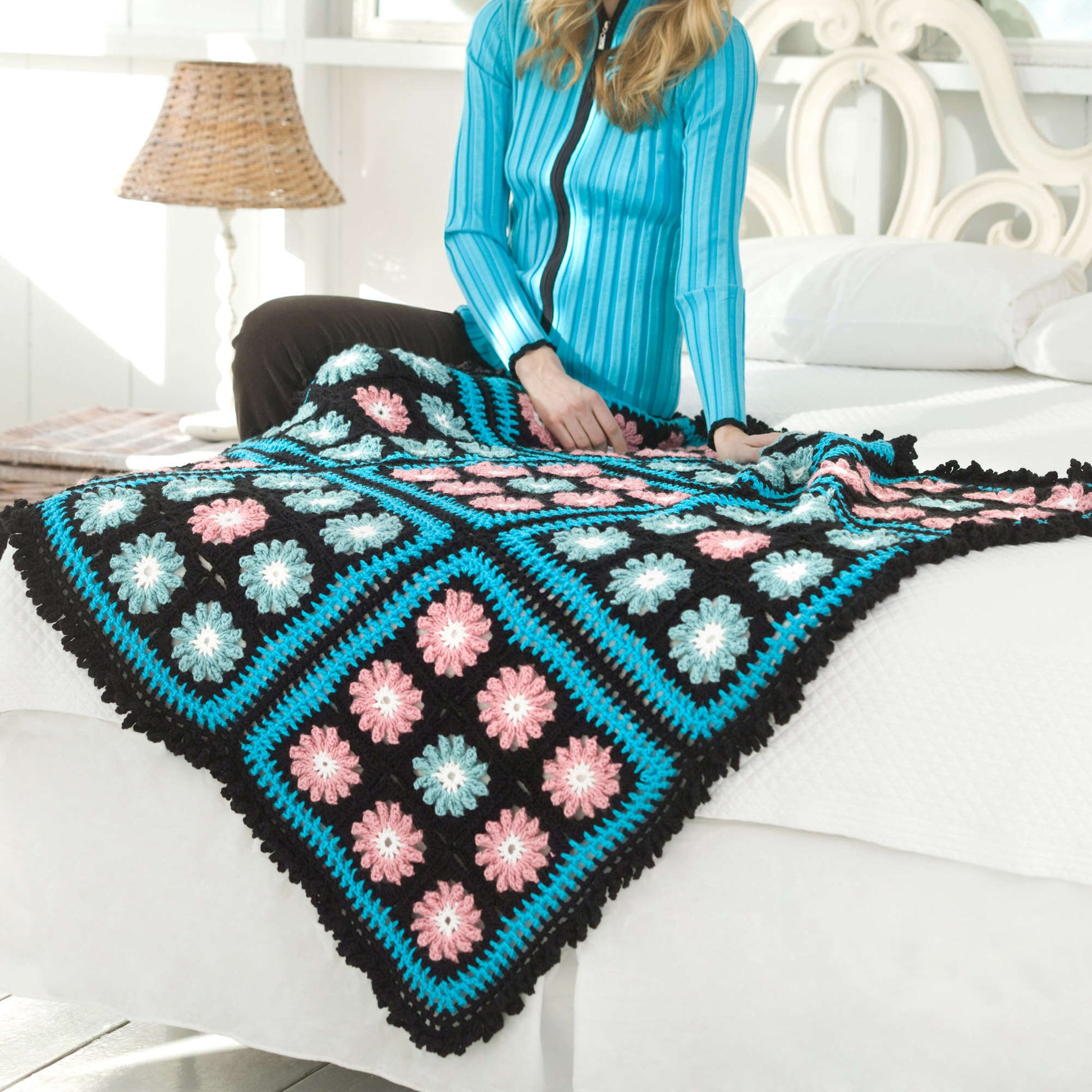 Free Red Heart Flower Accents Throw Crochet Pattern