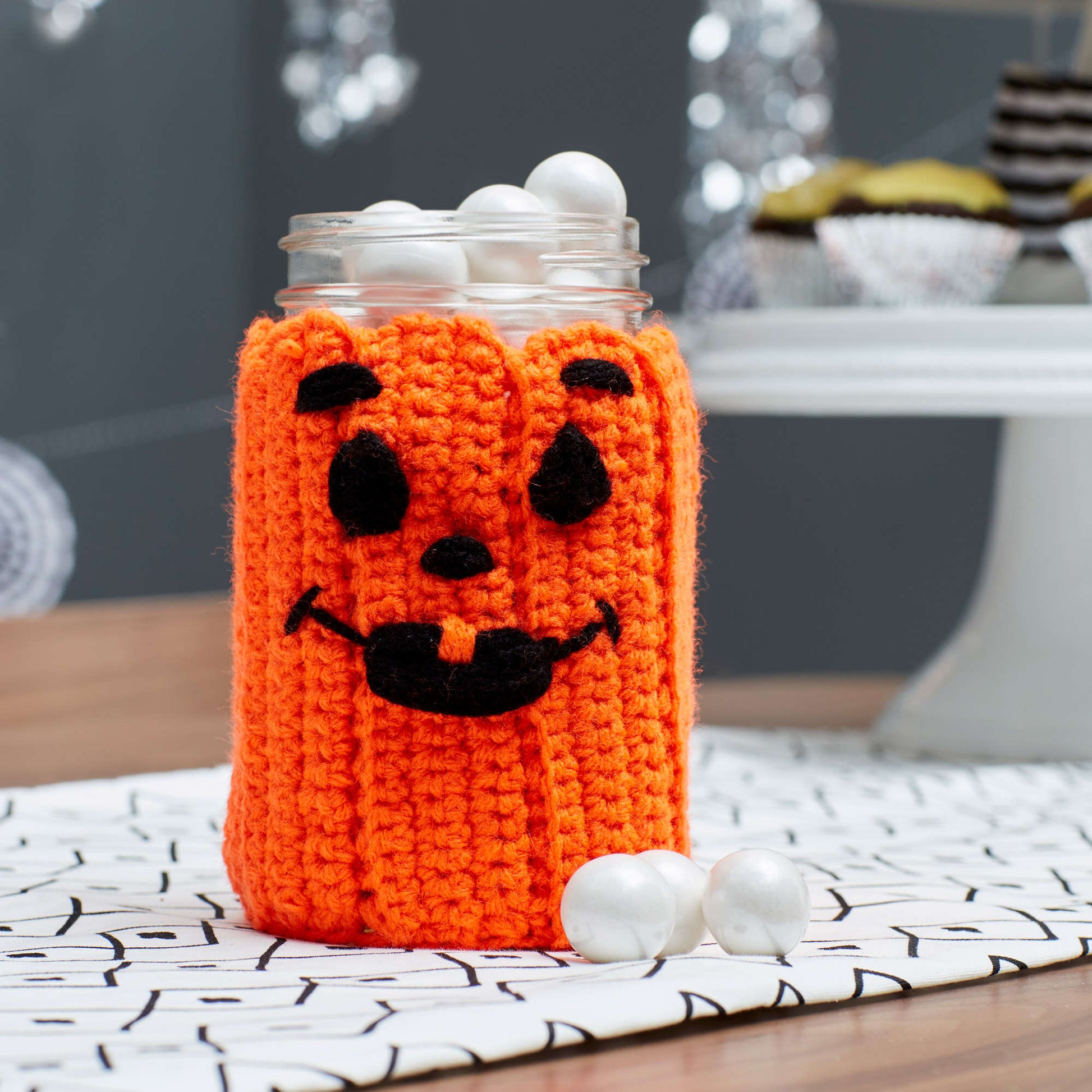 Free Red Heart Spooky Pumpkin Jar Cozy Crochet Pattern