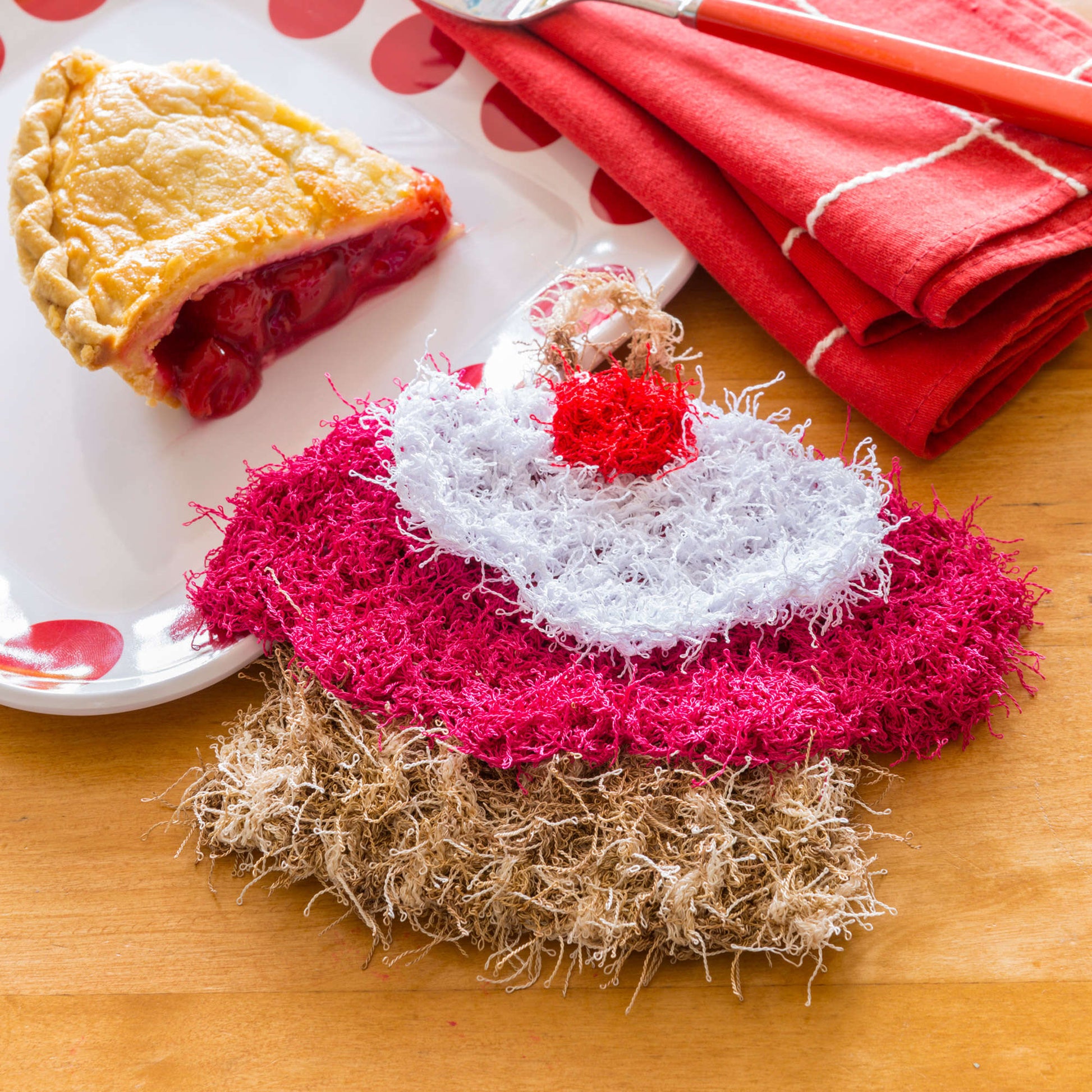 Free Red Heart Cherry Pie Scrubby Crochet Pattern
