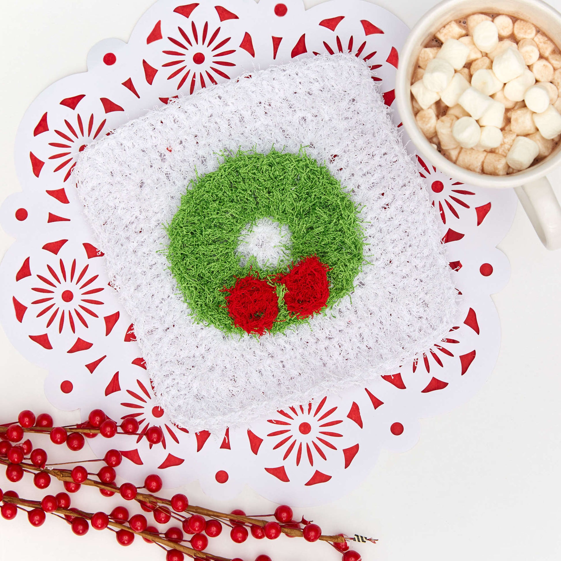 Free Red Heart Christmas Wreath Dishcloth Crochet Pattern
