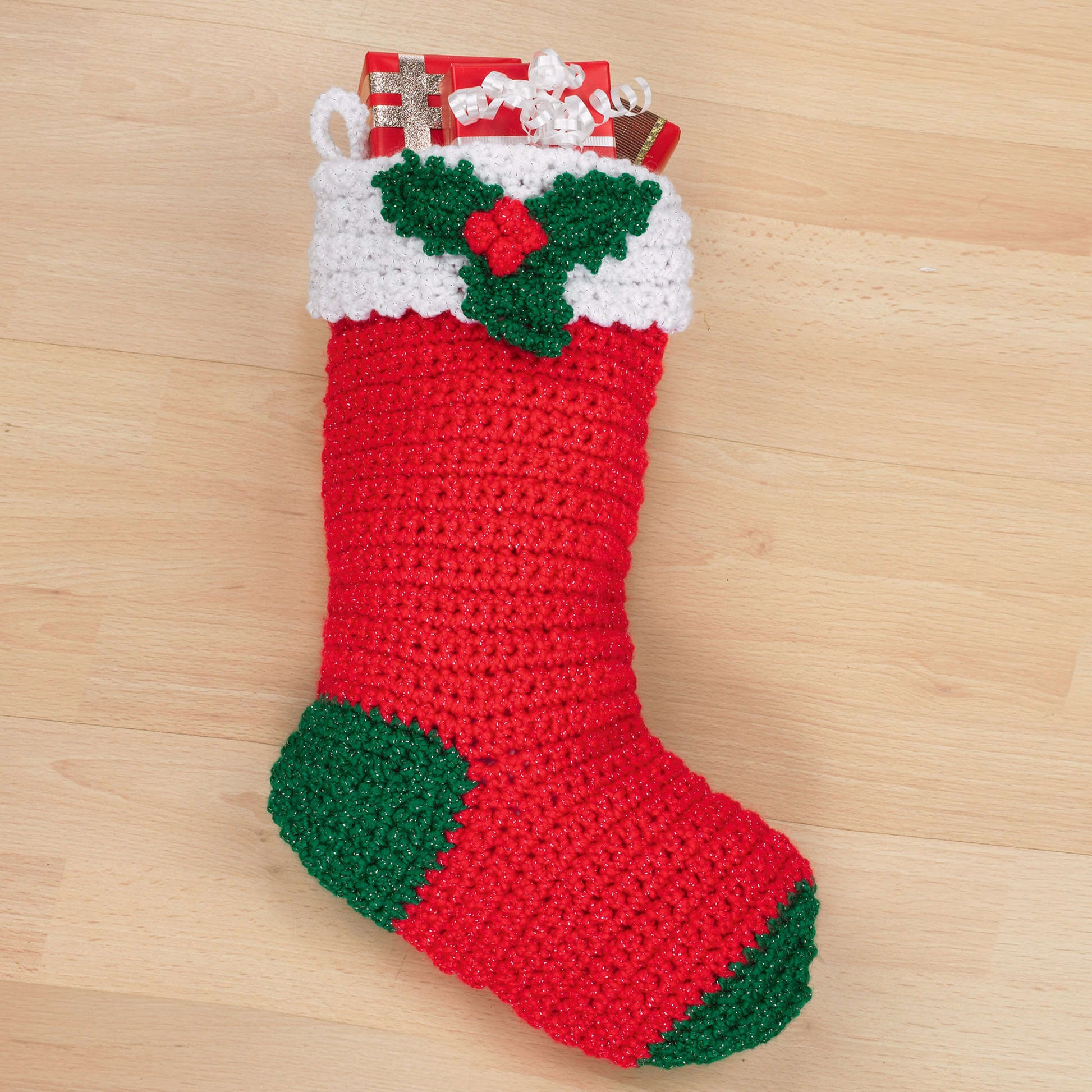 Free Red Heart Crochet Holly Stocking Pattern