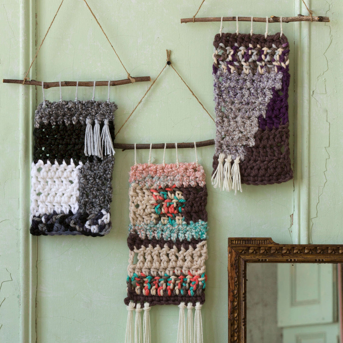 Crochet Hangings made in Red Heart Mixology Solids Yarn