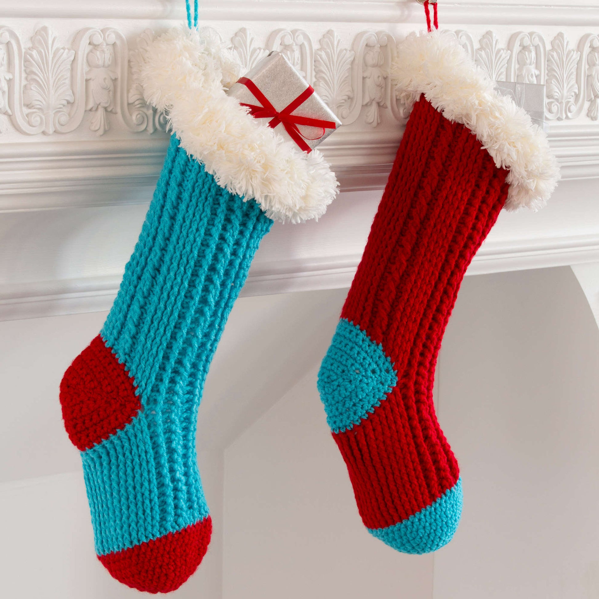 Free Red Heart Fur Top Holiday Stockings Crochet Pattern